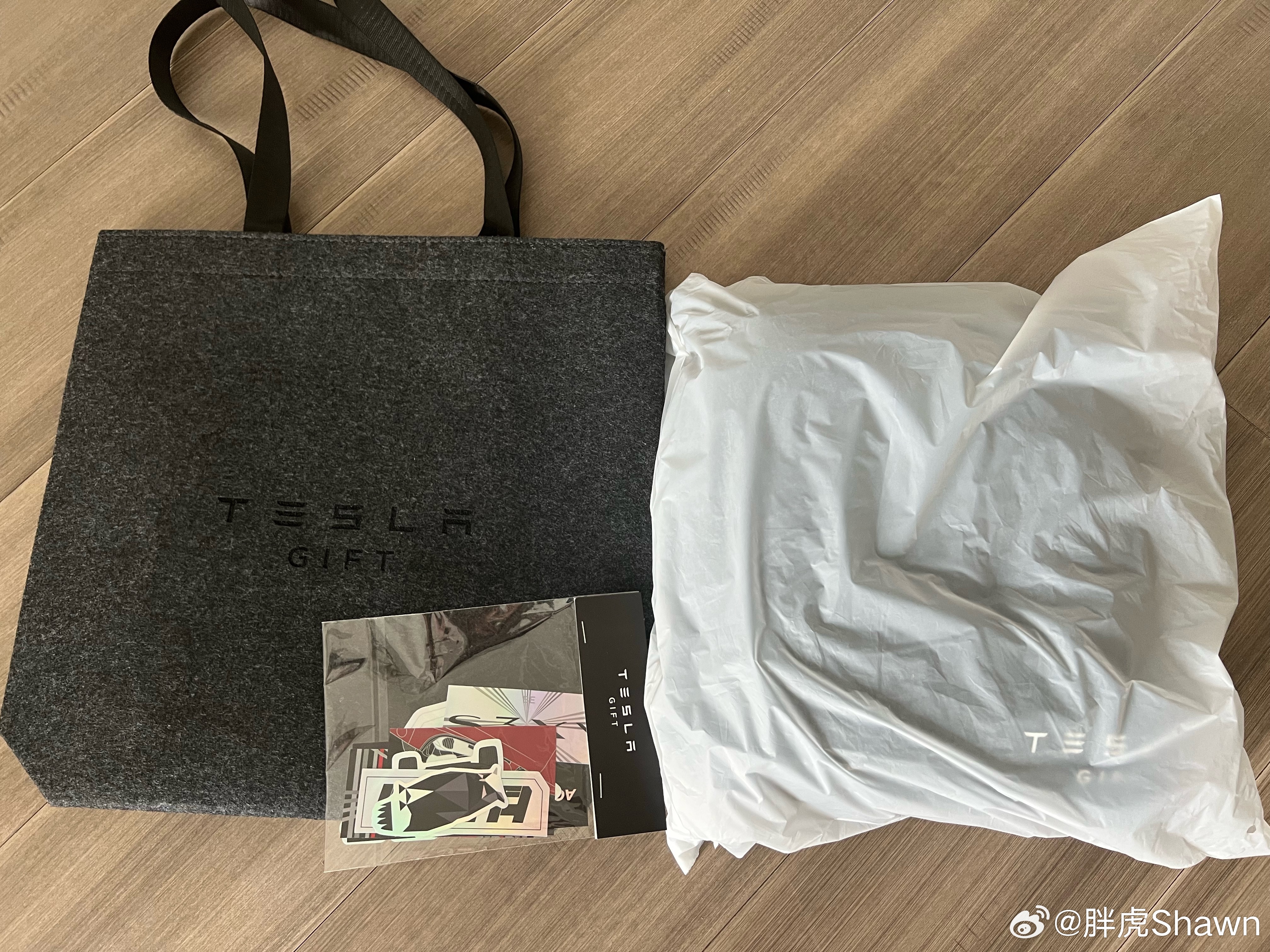 再给大家抽一套：特斯拉毛毡包+贴纸+抱枕还是u型枕吧一样，点赞加铁粉，周末开奖[