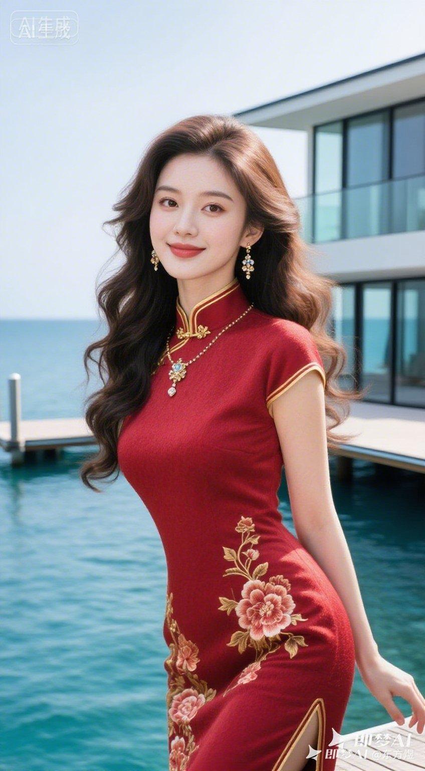 优雅红裙，惊艳海滨，尽显东方韵味！