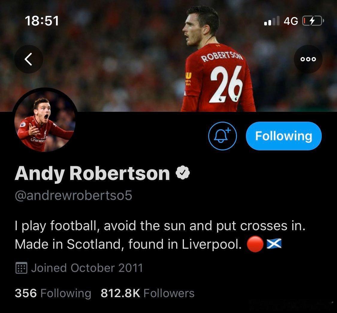 罗伯逊推的简介中曾写有的简介：“生于苏格兰，成于利物浦。” 