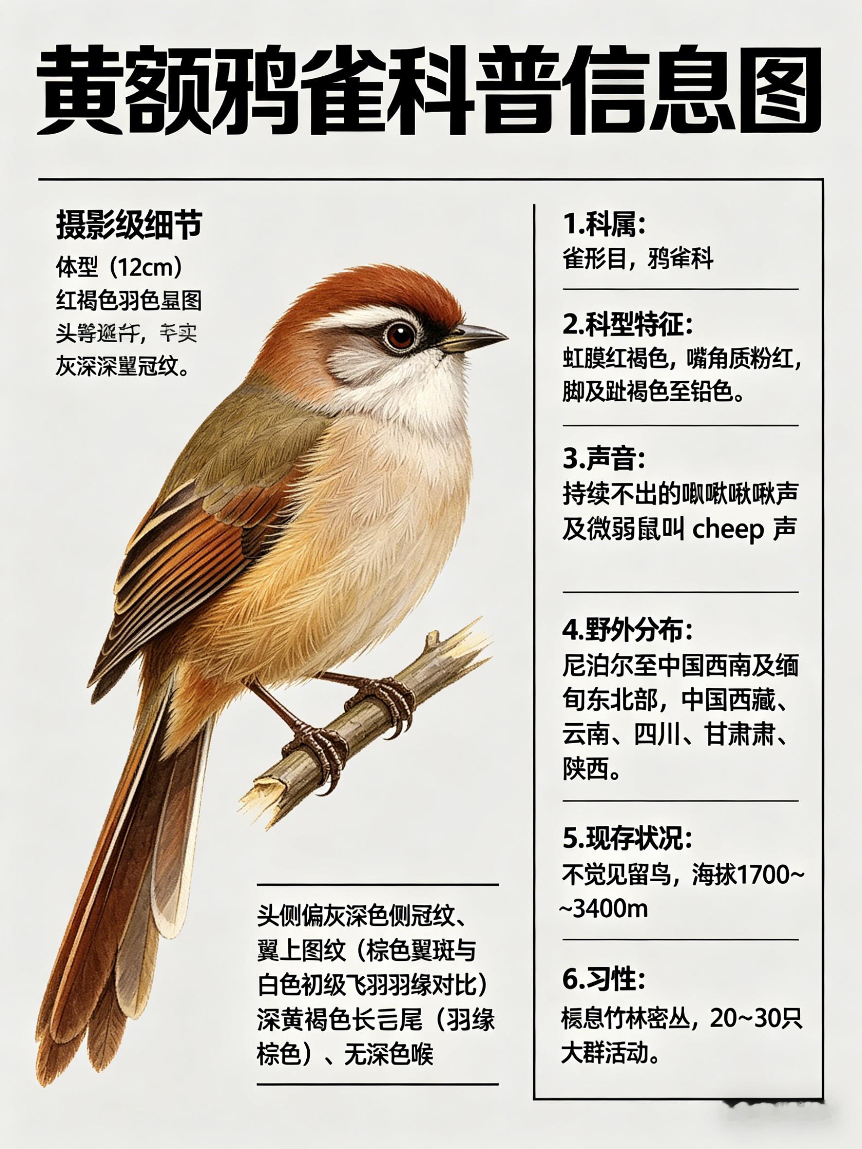 鸟类朋友图鉴 黄额鸦雀·科属：雀形目，鸦雀科。·外形特征：体型较小（12cm）的