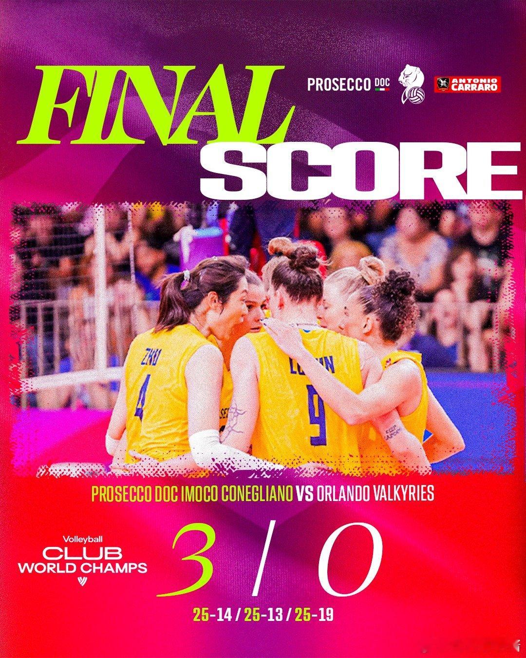 女排世俱赛B组小组赛，科内利亚诺3-0横扫奥兰多女武神，取得开门红三局比分：25