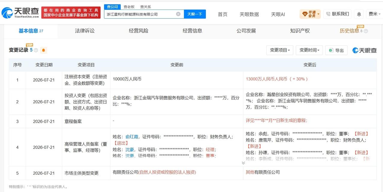 小米旗下瀚星创投入股星利行新能源科技公司

天眼查App显示，近日，浙江星利行新
