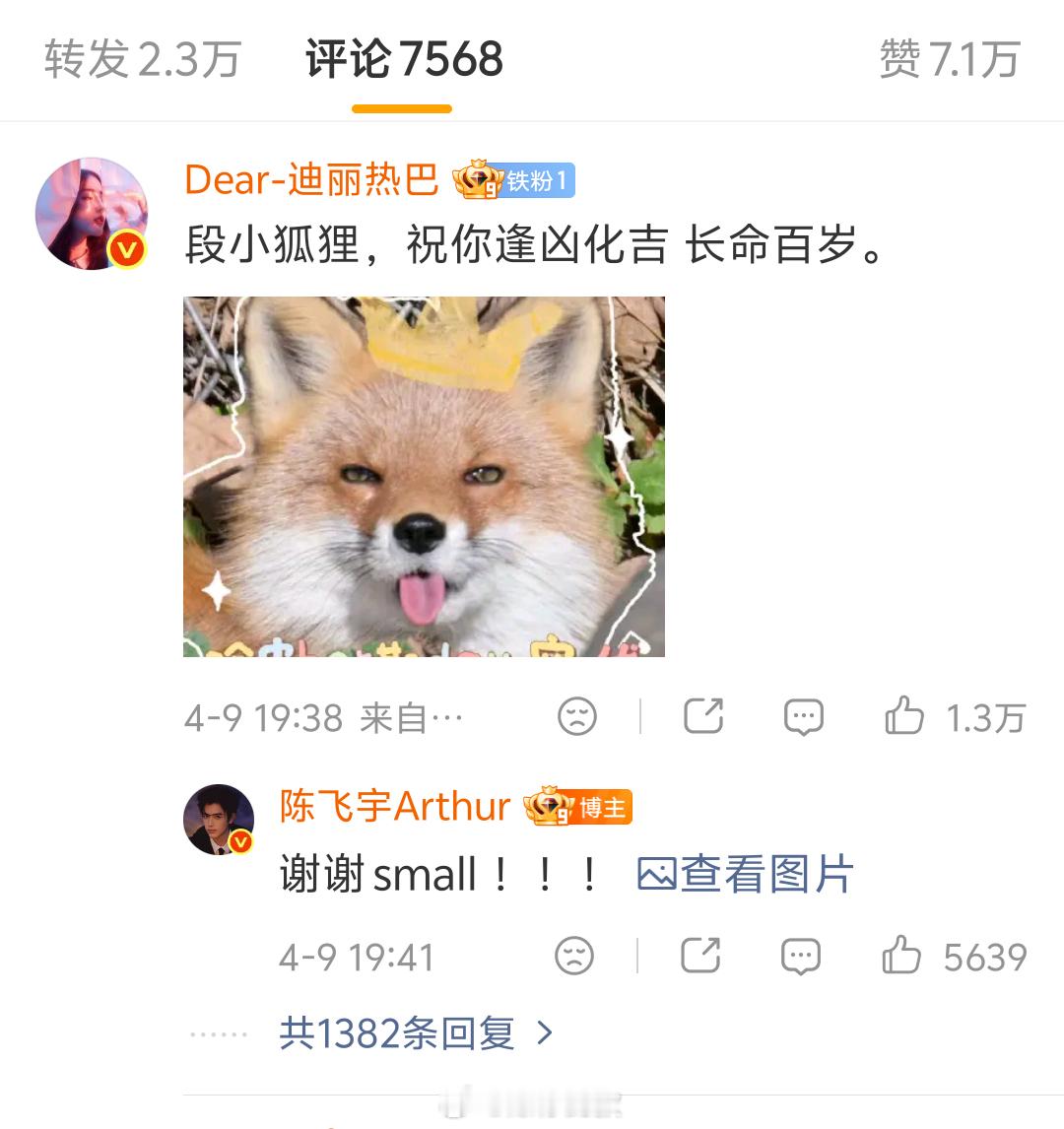 迪丽热巴段小狐狸长命百岁迪丽热巴给陈飞宇的生日祝福 最深的祝福，都在这句“长命百