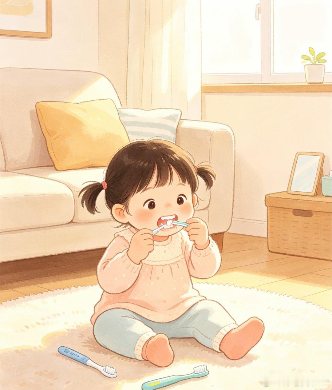 小孩儿的模仿能力好强六六看家婆老用牙线弄牙齿，她也有模有样的用牙线挑牙齿看我用掏