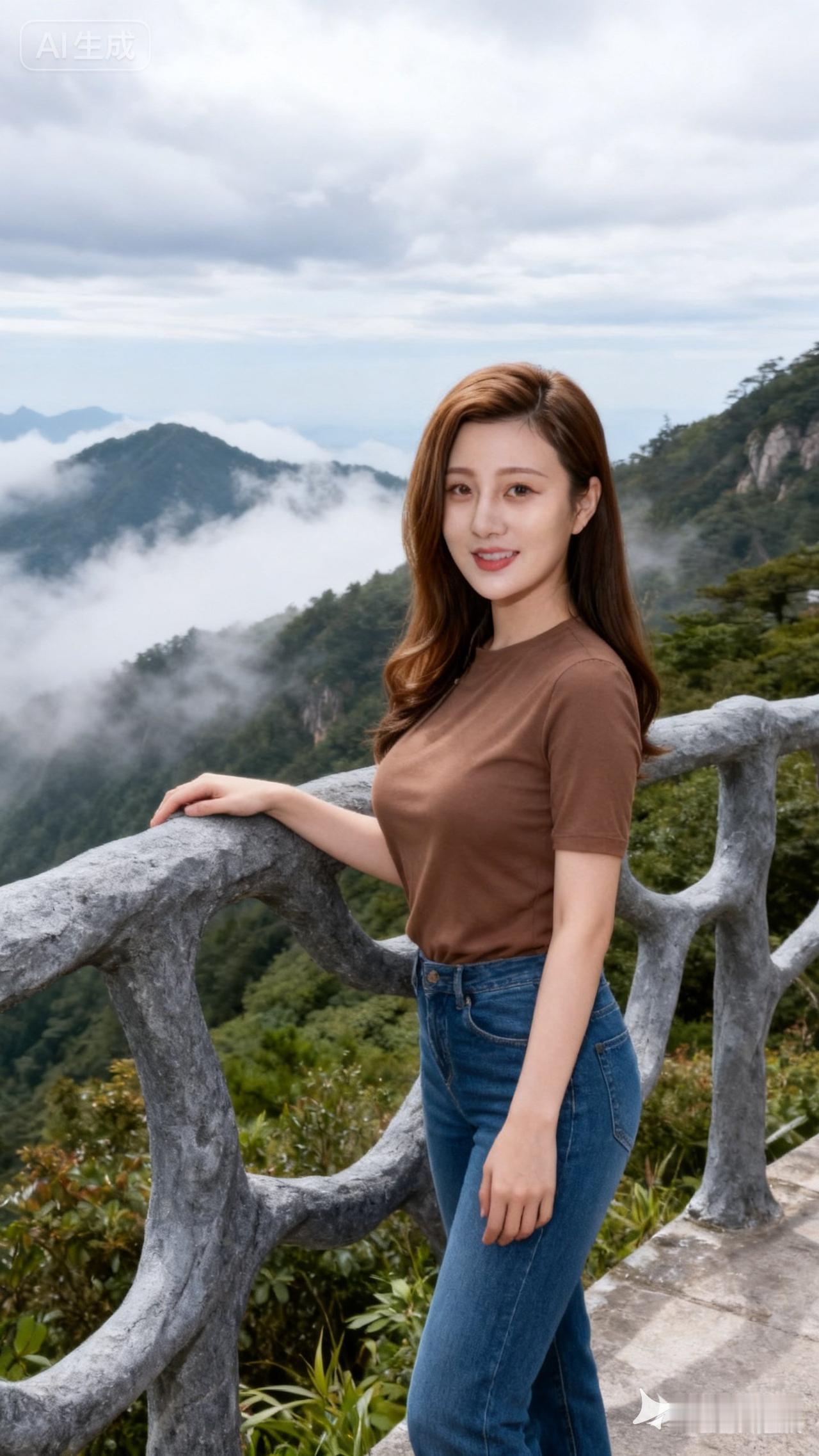 云海之上，少女倚栏微笑，自然与美丽相映成趣。