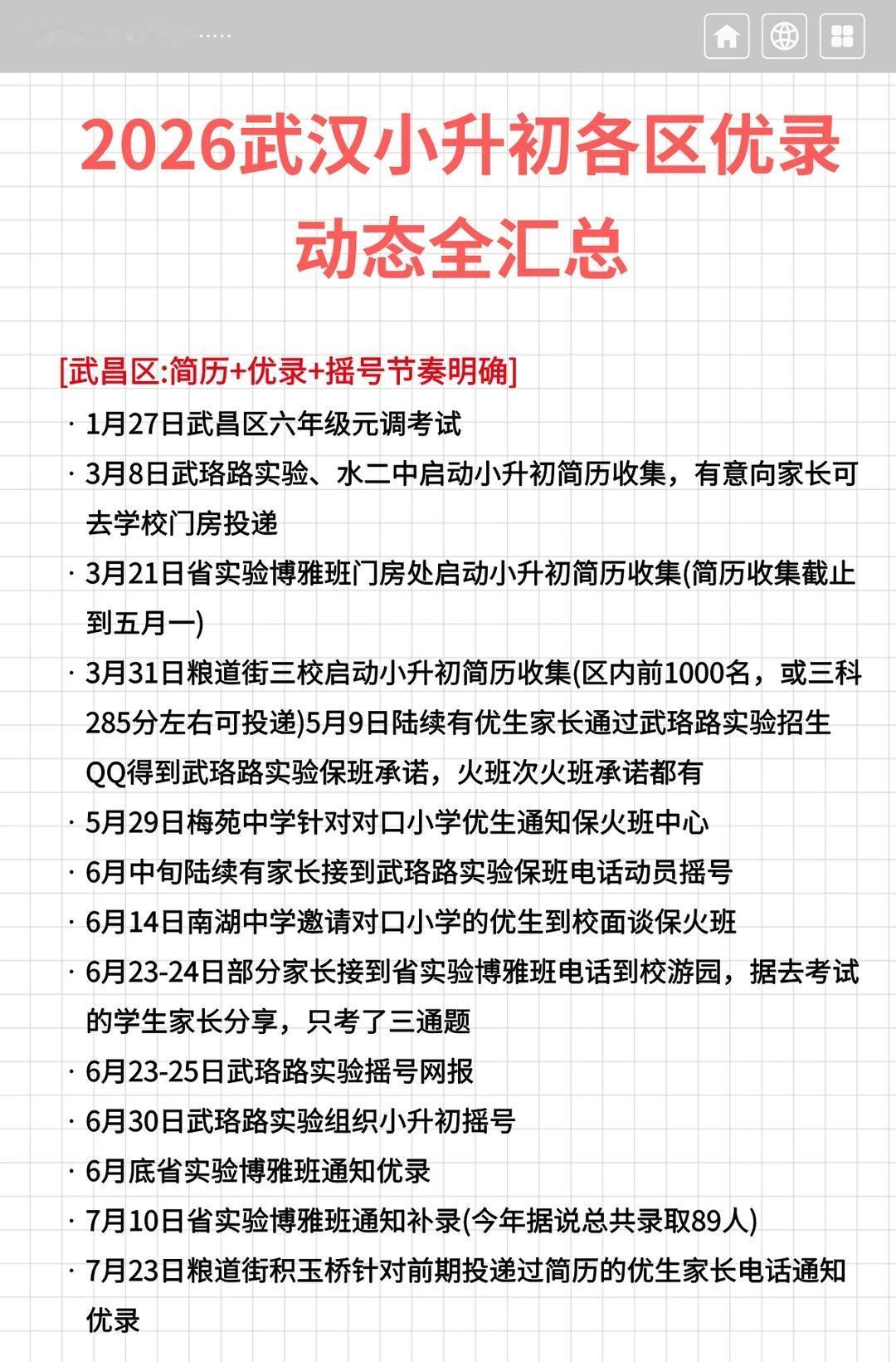 2026武汉小升初各区优录动态全汇总！
家长们一定不要错过孩子升学时间节点!
现
