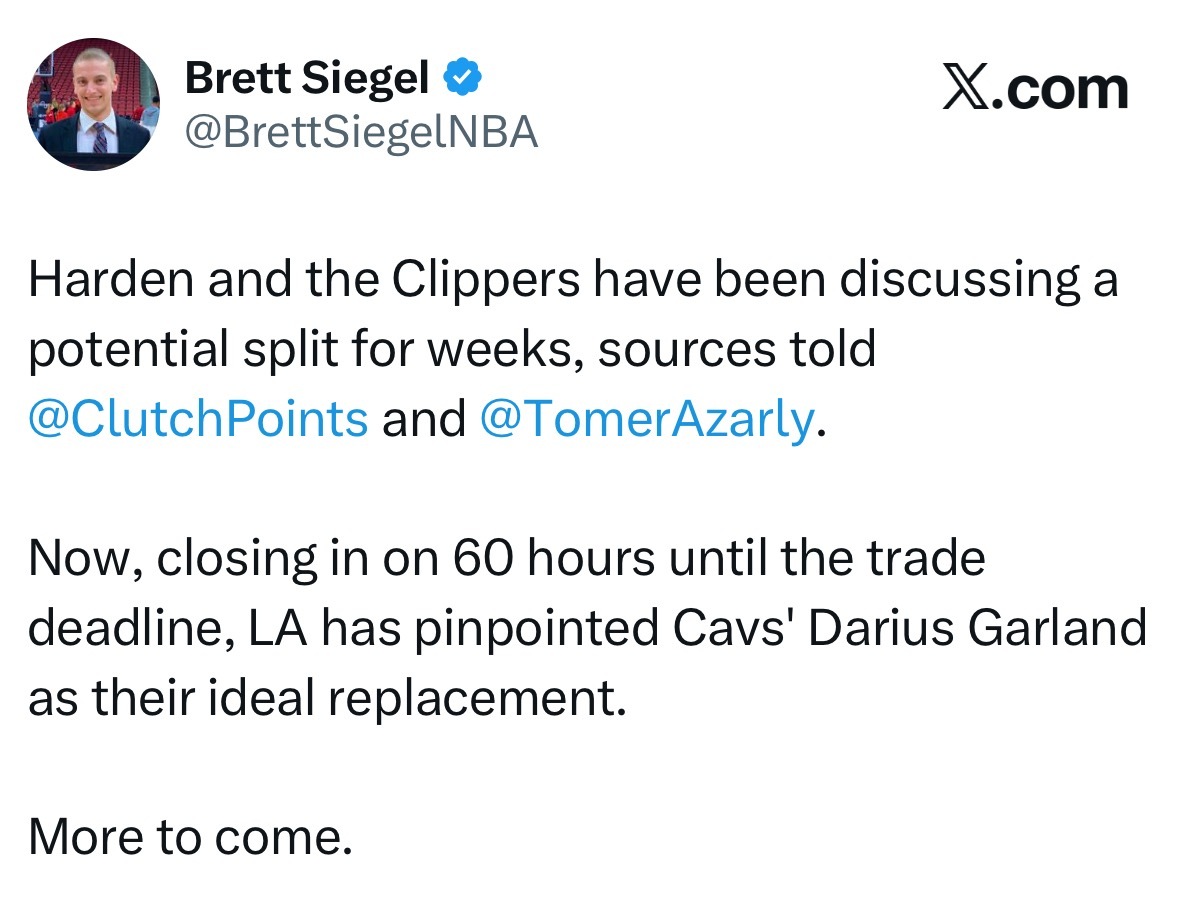 快船记者Tomer Azarly：哈登与快船就潜在分道扬镳的谈判已持续数周。如今