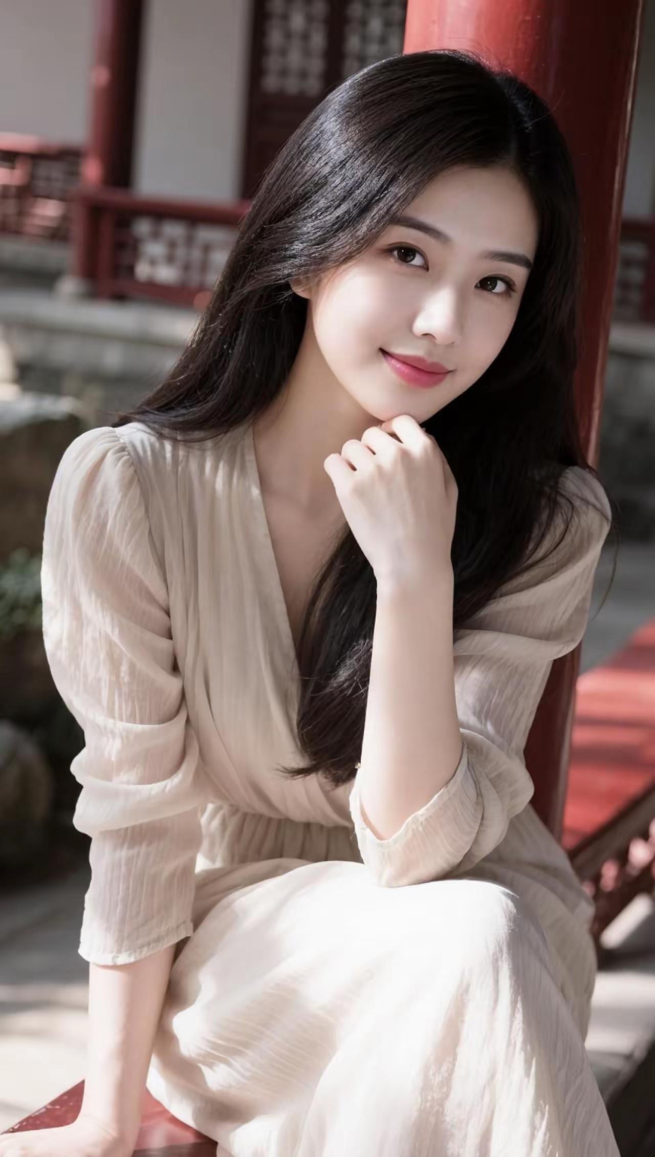 温柔古典的少女，红柱旁沉思，静谧如画。