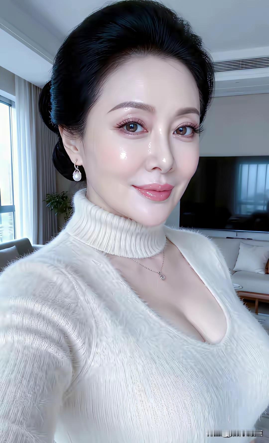 这位标致的中年妇女脸上油光锃亮，估计是抹的胶原蛋白，虽进入中年，但是风韵犹存，谁