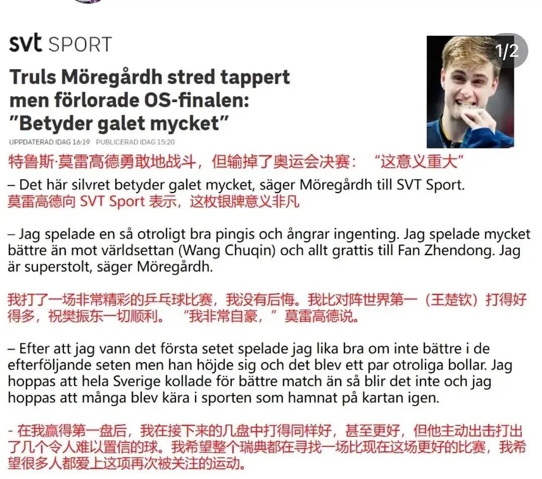 莫雷高德被樊振东打服了，还不忘内涵世界第一的王楚钦。莫雷高德表示自己今天决赛对阵