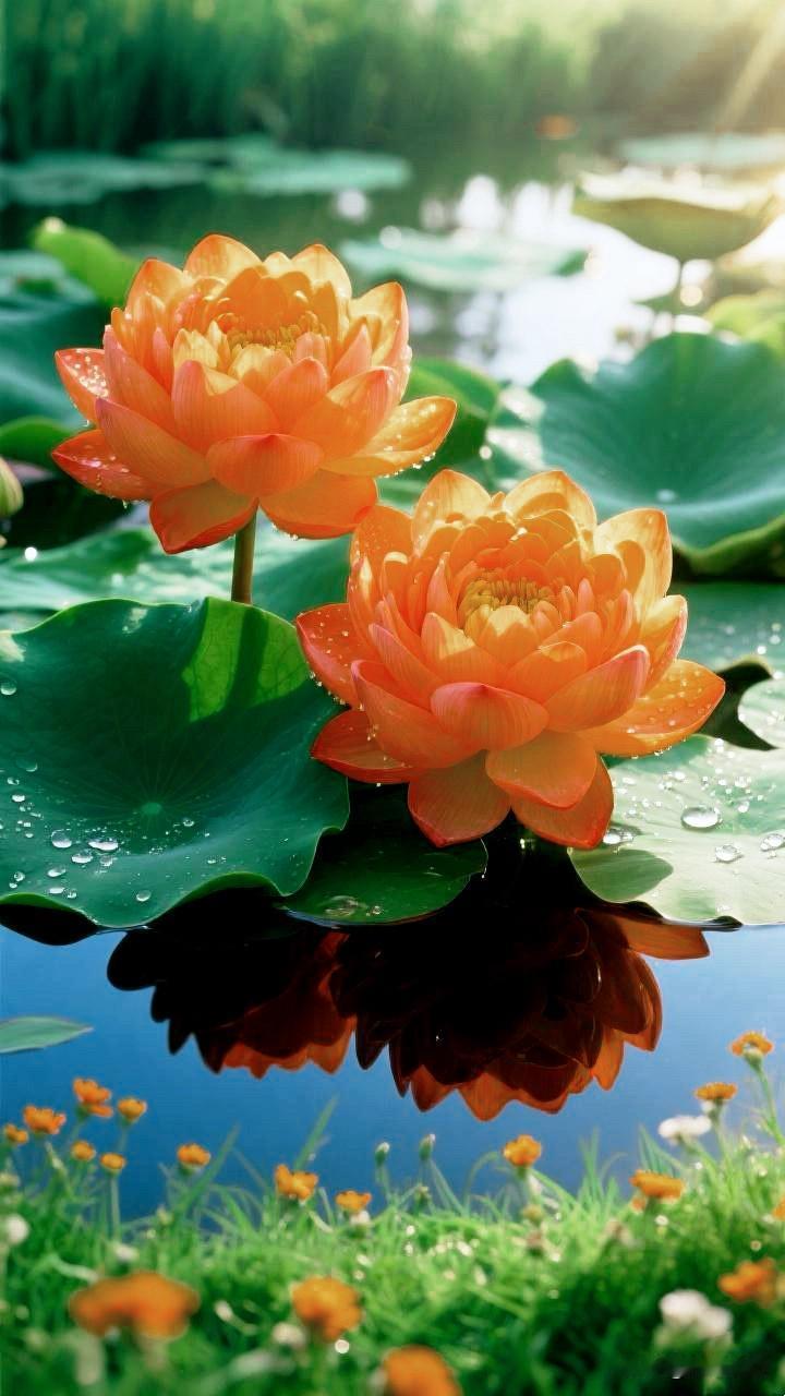 四月，看两朵橘莲依偎在水面，才懂，美好从不是孤芳自赏，而是光、露、叶、水，一起把