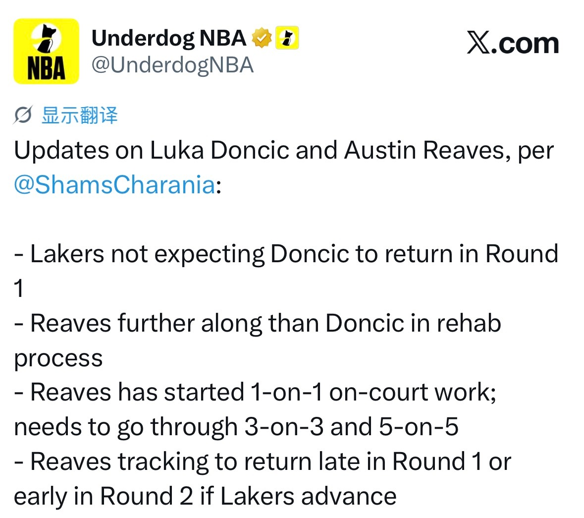 NBA东契奇预计首轮不会复出里夫斯有望首轮复出湖人预计东契奇第一轮打不了；小里回