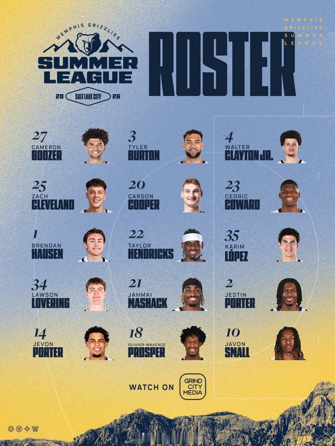 灰熊的夏联名单公布。8人打过NBA，外加今年两位首轮秀。布泽尔，考沃德，斯莫尔，