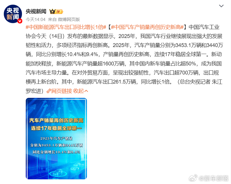 太牛了！刷到了央视的信息，2025年中国汽车产销直接冲超3400万辆，刷新历史纪