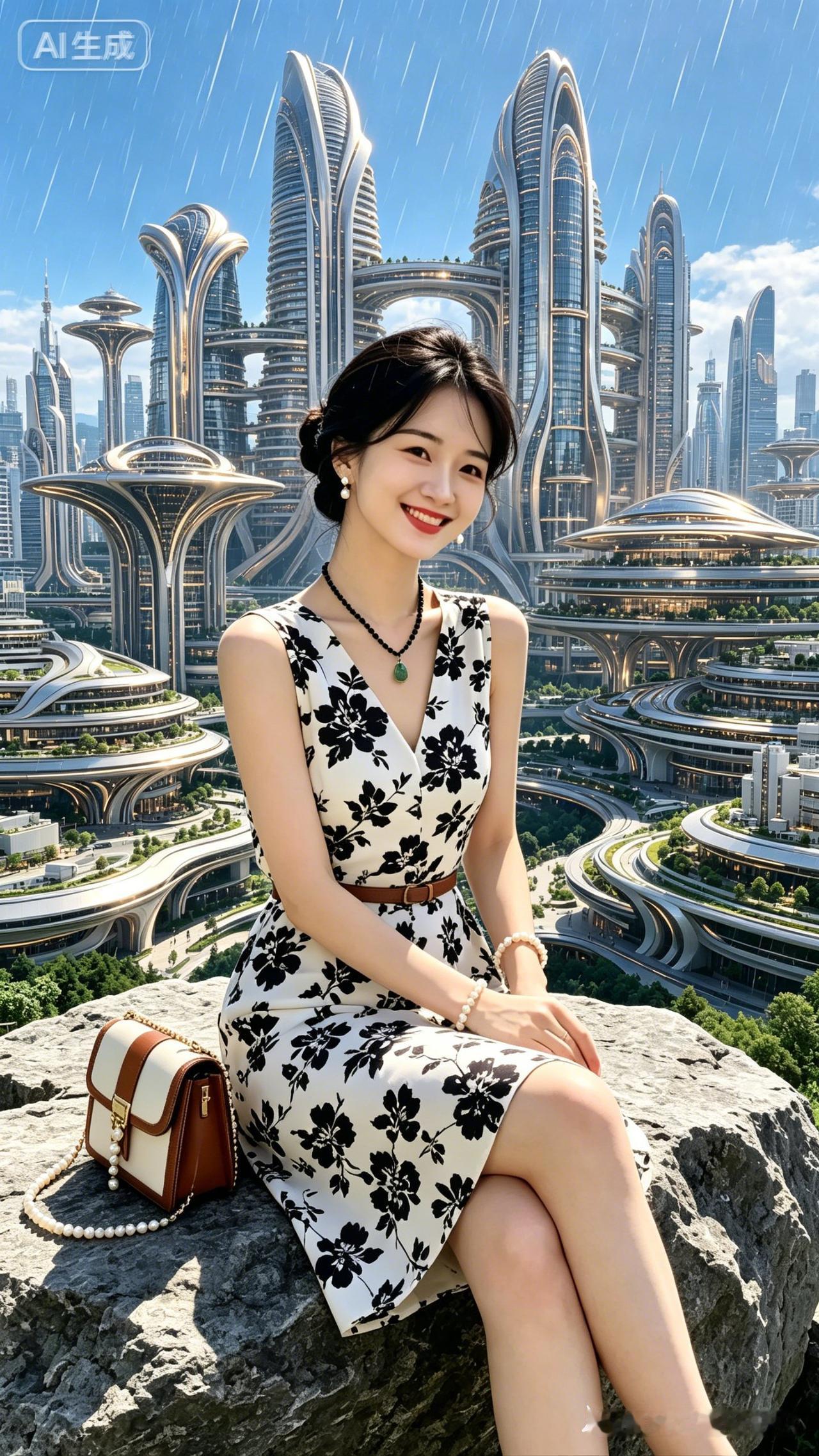 这姑娘坐在石头上，背景好酷！