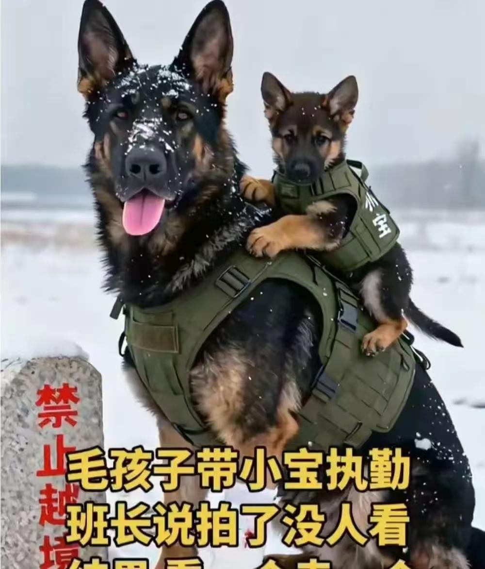 真是不可思议

边防军犬妈妈背着牠的毛孩子小宝在站岗放哨，太值得敬佩了 ：英雄军