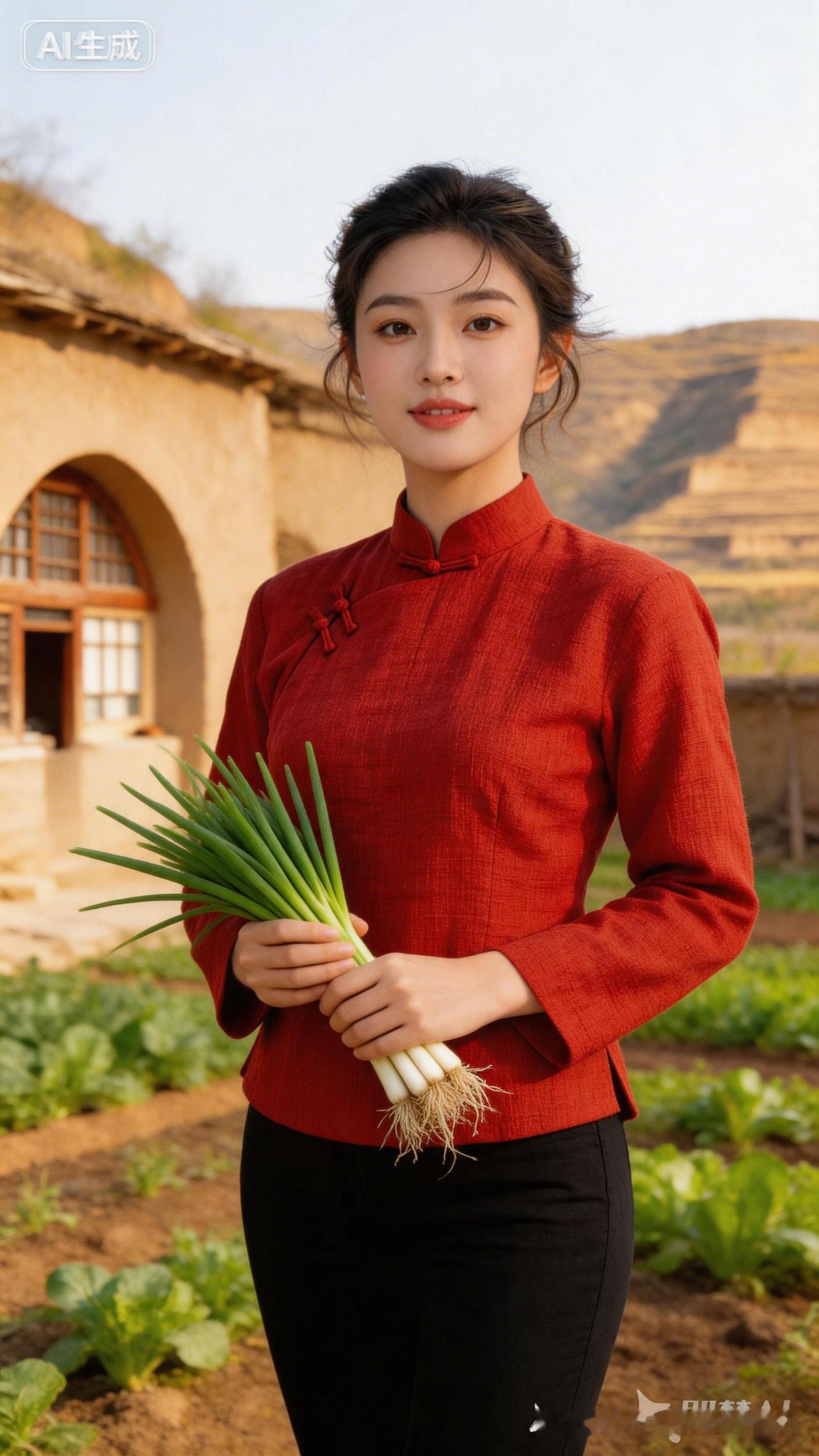 在乡间小路上，手捧新鲜蔬菜，感受自然之美。