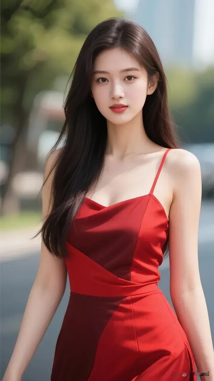 红裙吊带裹着街风的热，发梢漾在日光里。唇间的艳漫开时，连烟火气都浸着这一身明艳的