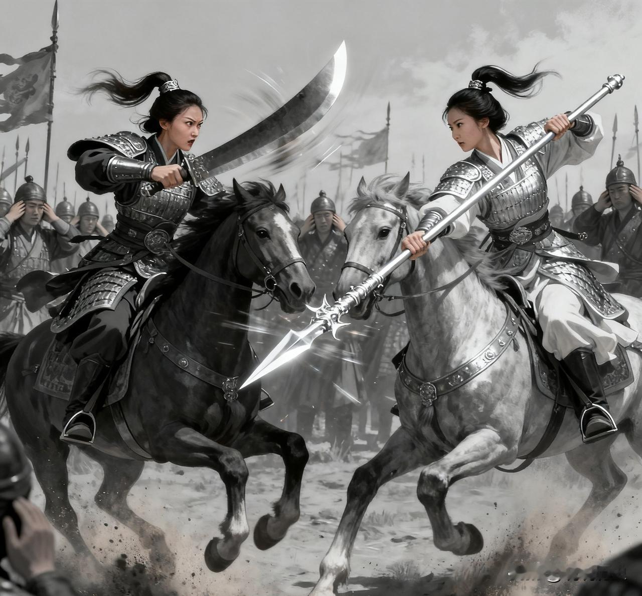 辽国女将萧云娘策马回身，亮出看家本领回马枪，银枪寒光一闪，径直将杨文广的妻子韩翠