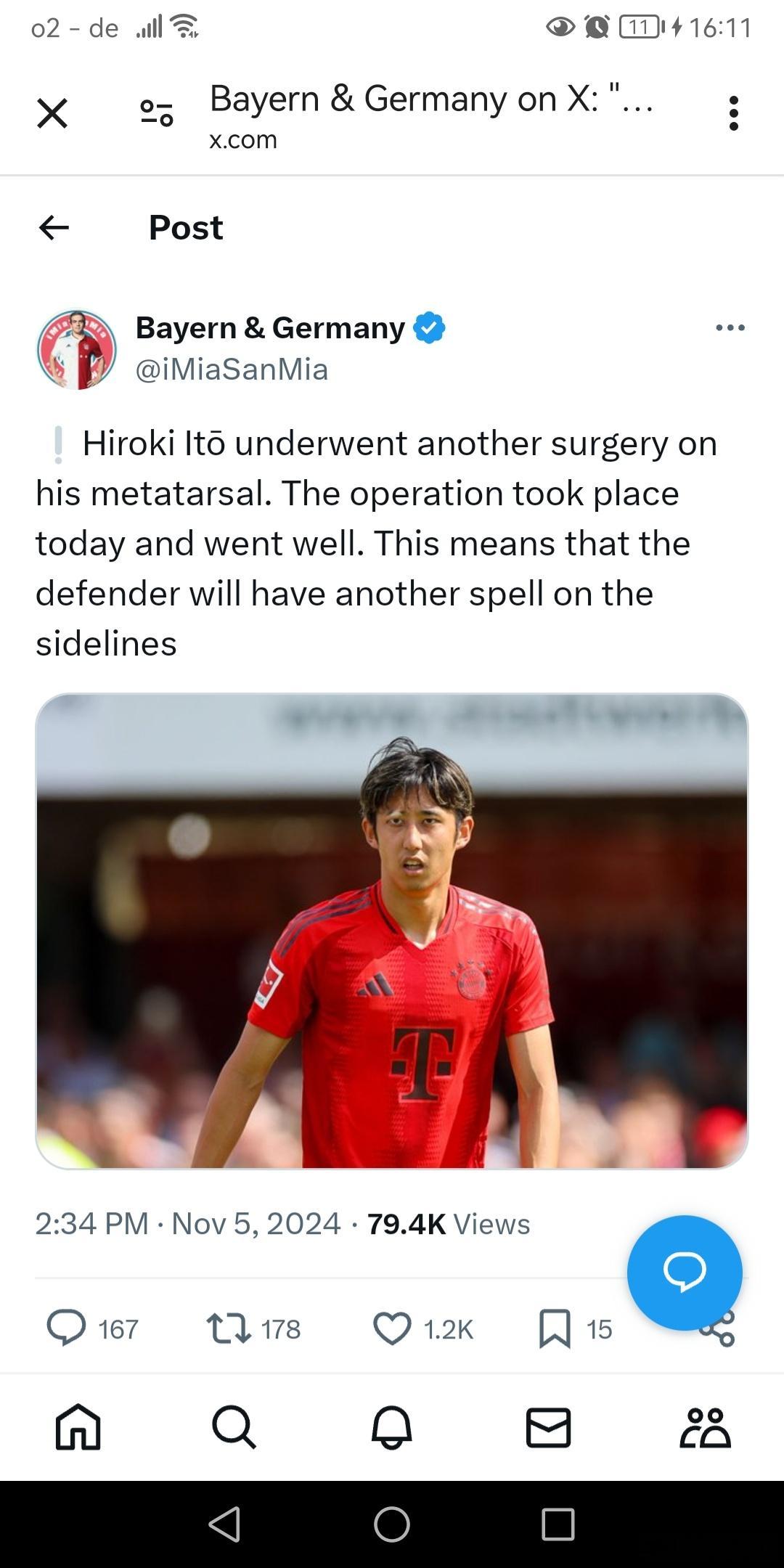 [伊藤洋辉今日再次手术］拜仁伤员伊藤洋辉今日又一次接受手术，自加盟拜仁起他还未为