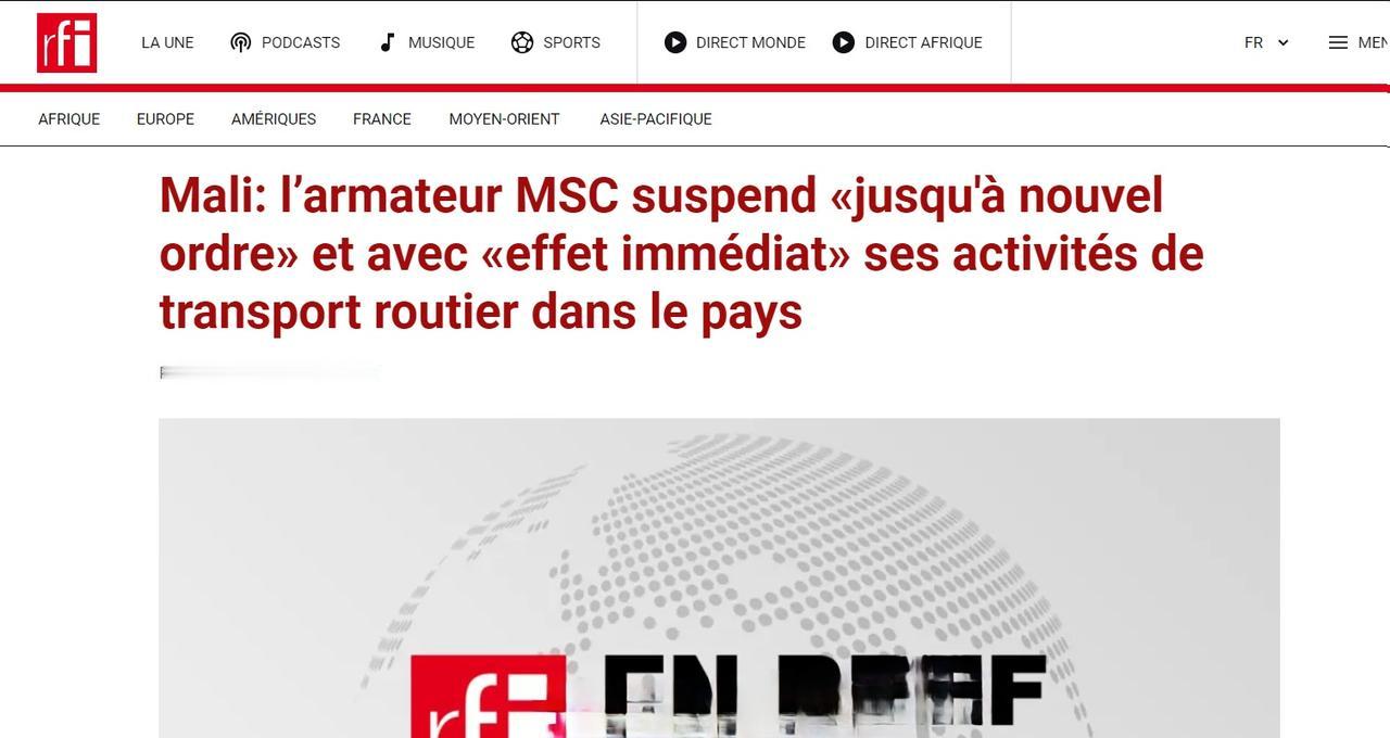 全球最大的航运公司地中海海运（MSC）已经暂停了在马里的陆路运输业务，理由是担忧