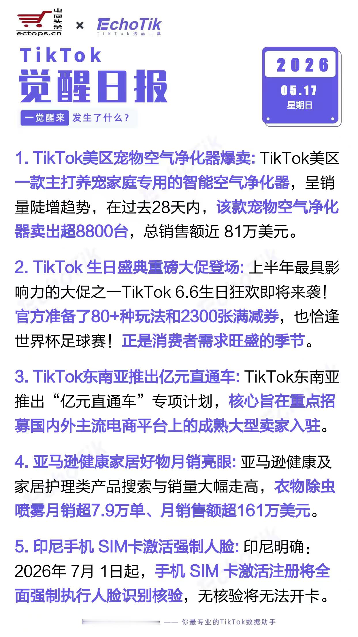 TikTok跨境电商日报 2026-05-171. TikTok美区宠物空气净化