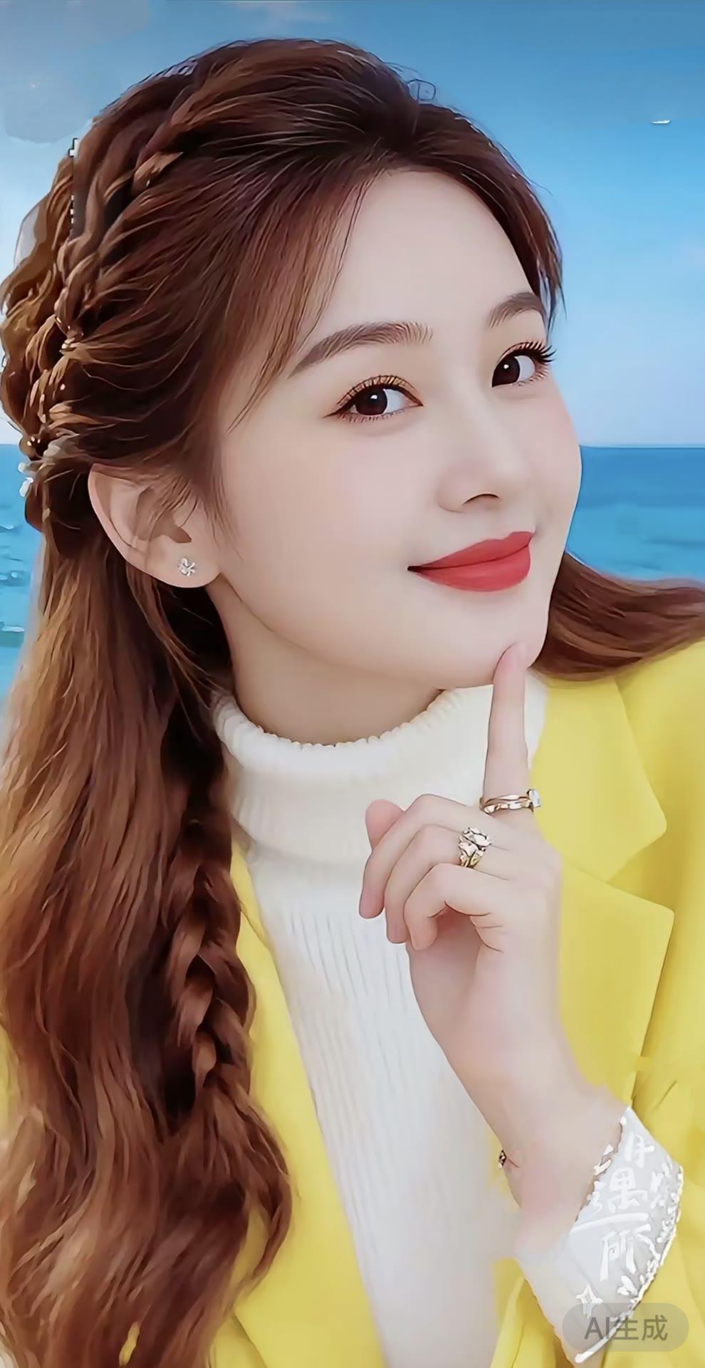 海边度假风，黄色外套搭配白色毛衣，甜美笑容，海风吹拂的浪漫时光。