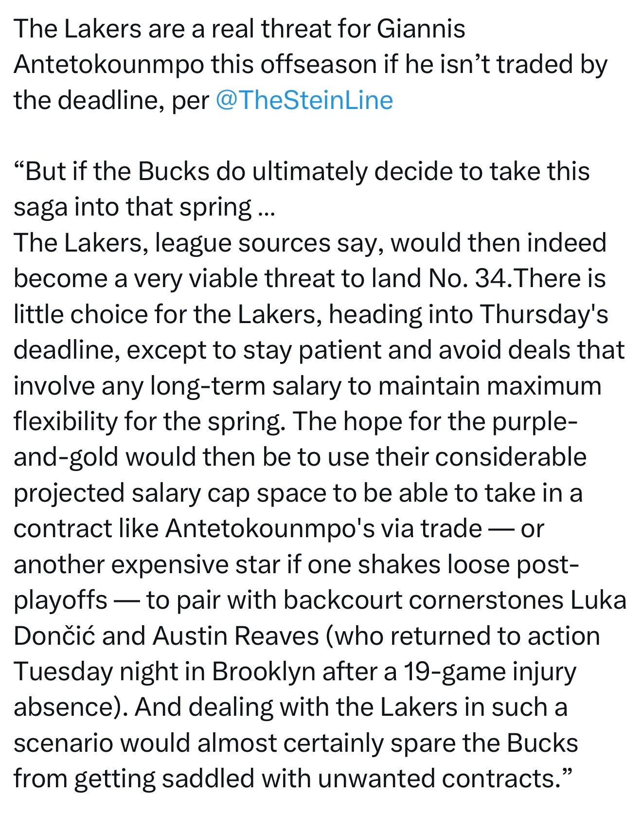 Marc Stein：若字母哥在交易截止日前未被送走，湖人将在今夏休赛期对其构成