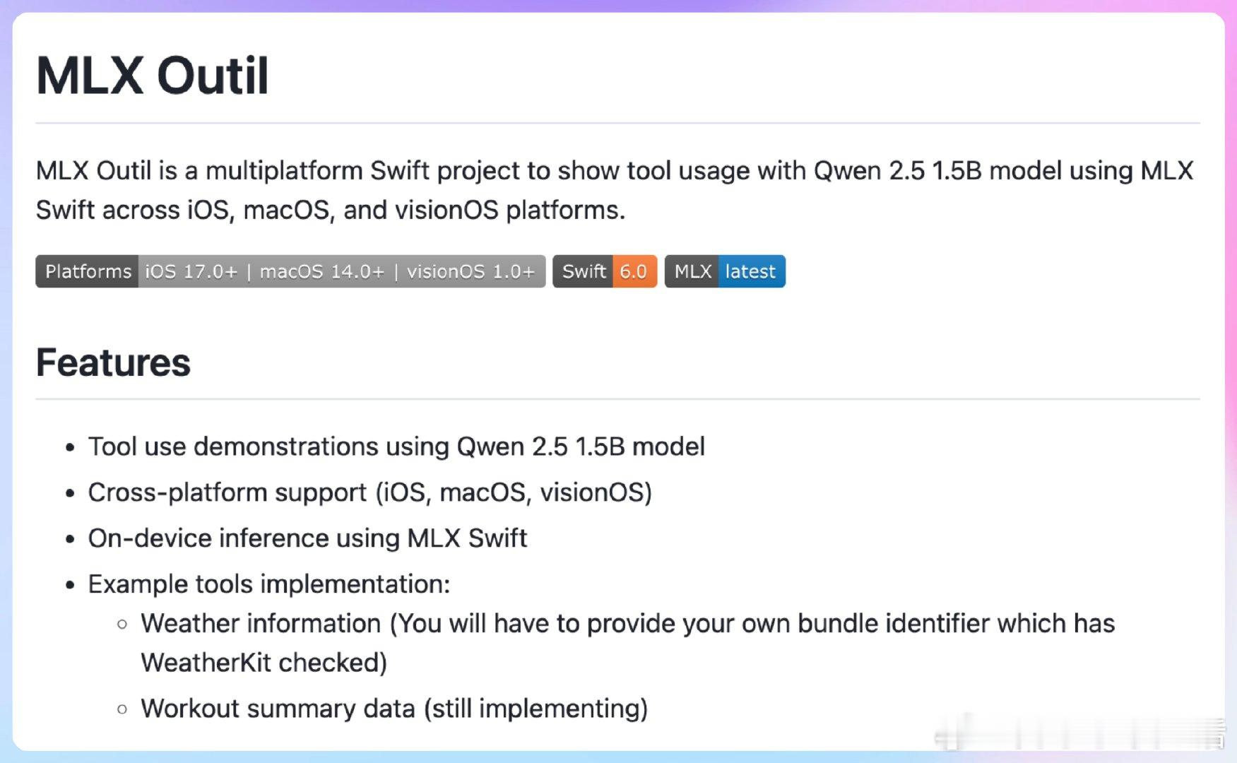 【[56星]MLX Outil：一个跨平台的Swift工具库，帮助开发者轻松集成
