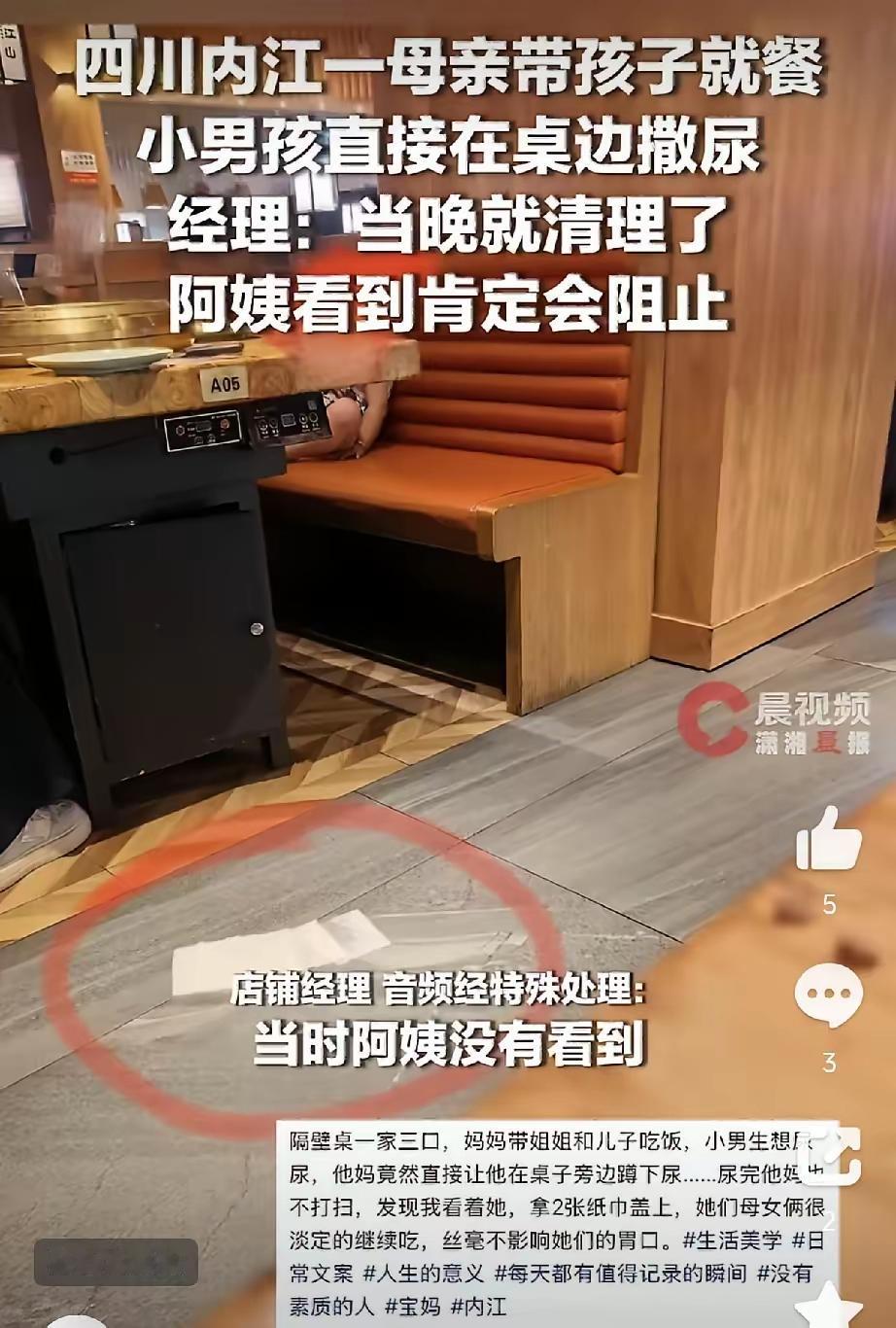 “这妈妈真是让人倒胃口”四川内江一家烤肉店，2岁男孩想要尿尿，他妈妈竟然让他蹲在