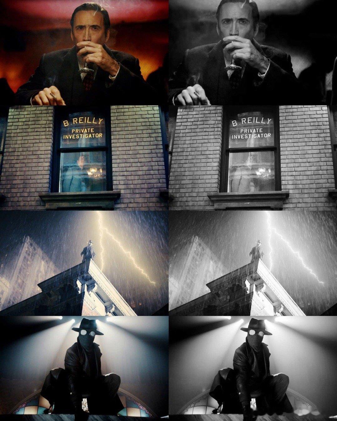 《暗影蜘蛛侠》彩色和黑白剧照对比这部电视剧由尼古拉斯·凯奇出演，共八集，有彩色和