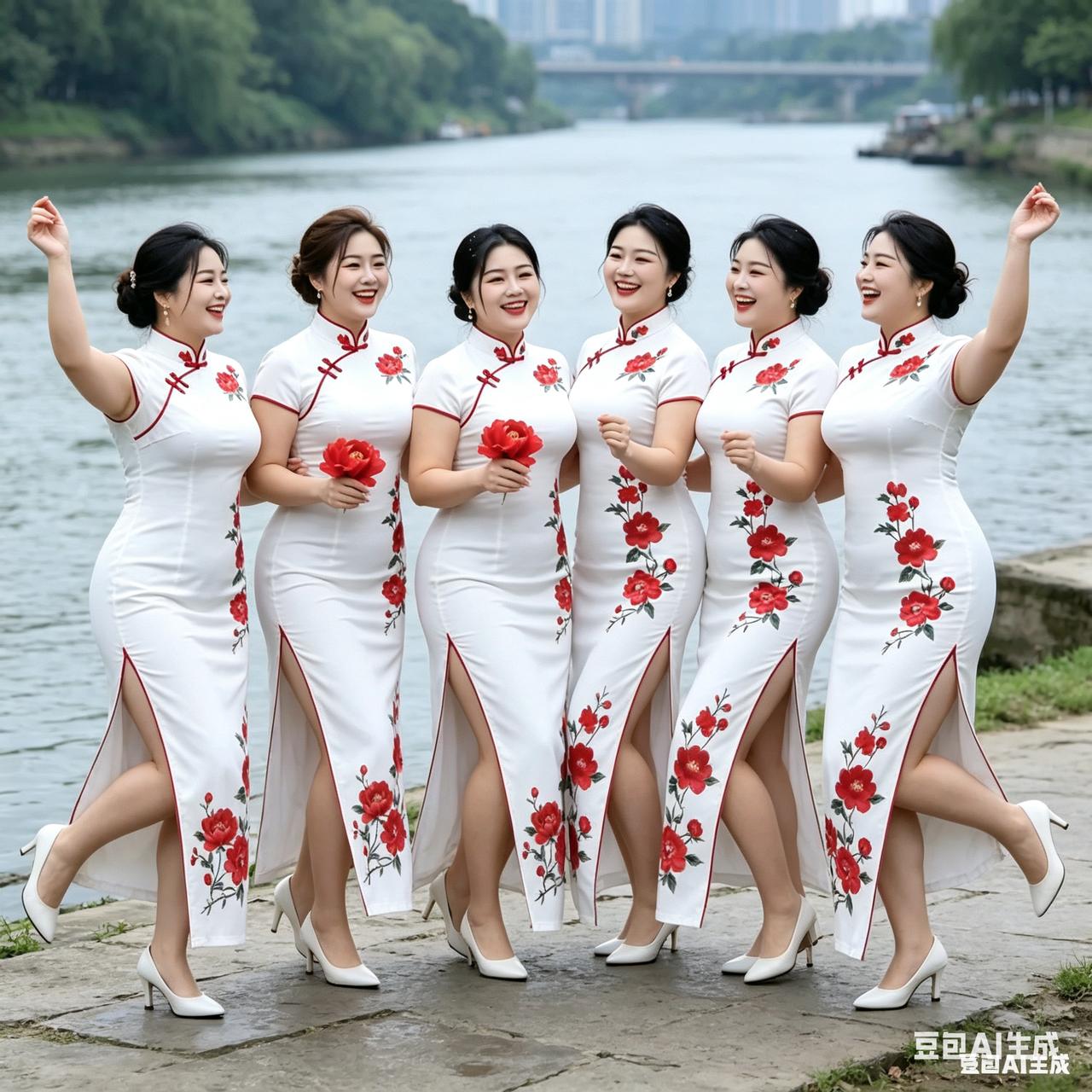 六美女有两位是新娘，两朵花该送给那两位，请读者辨别。