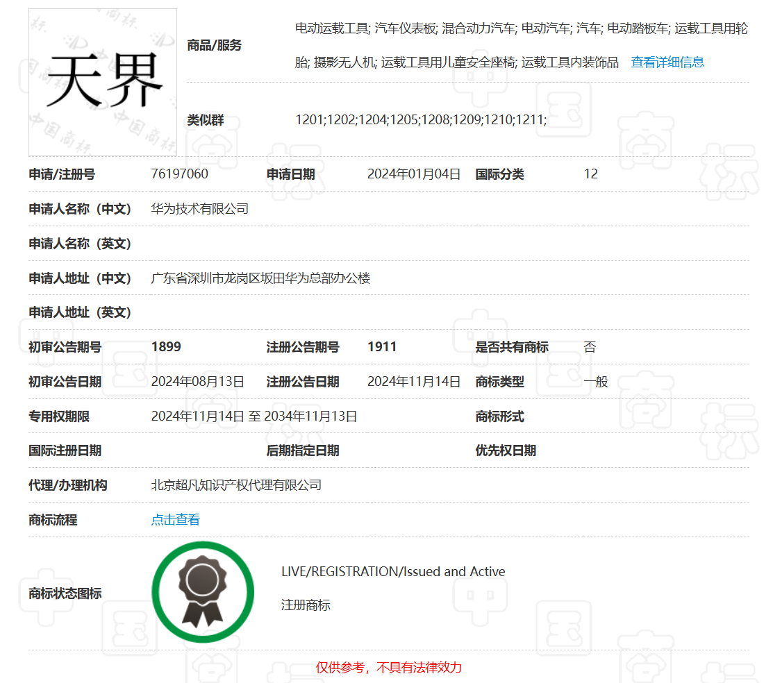 华为申请“世界”汽车类商标，已拿下“仙界”“天界”等商标 