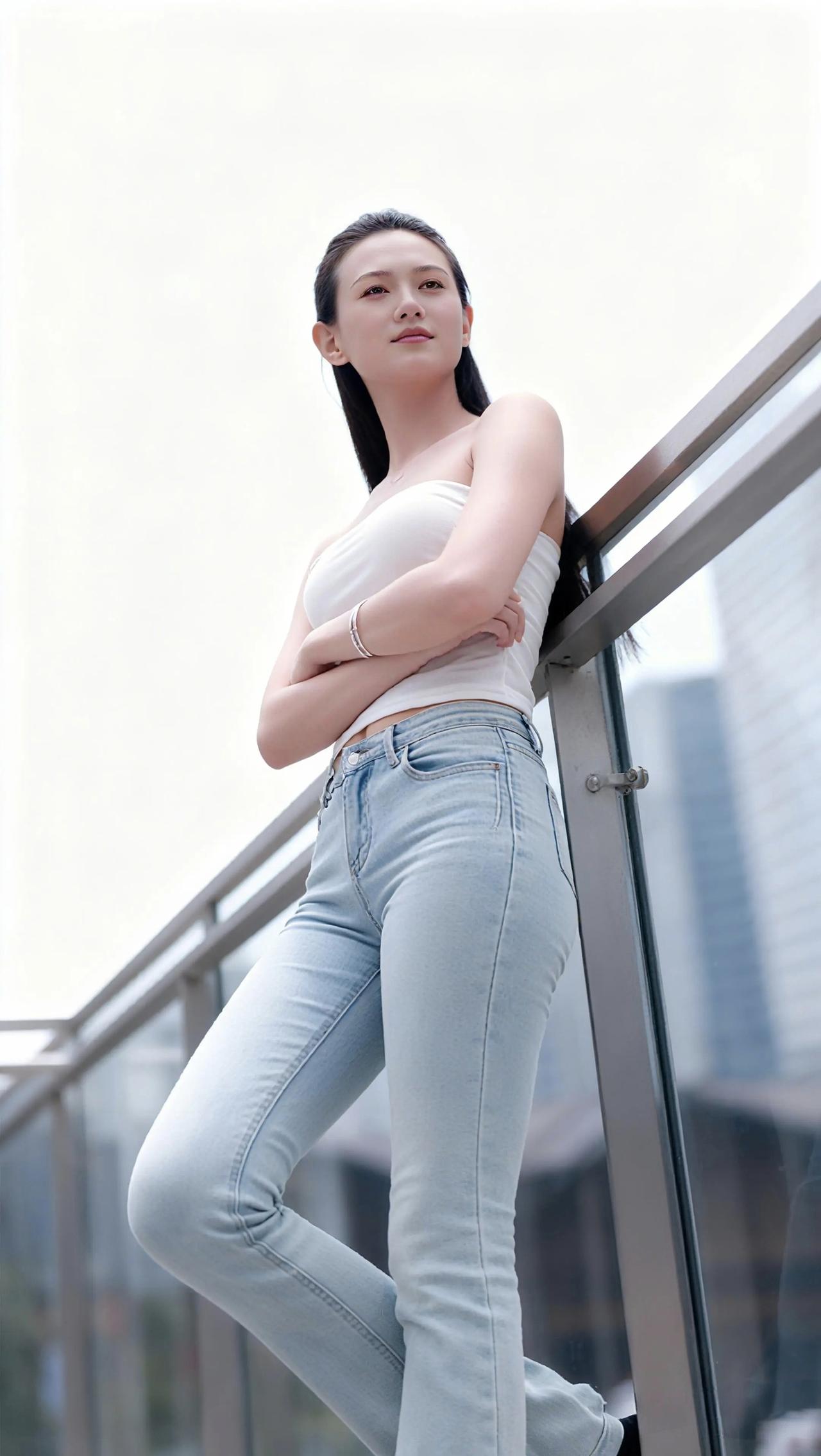 都市少女风，白色露肩上衣搭配浅蓝色牛仔裤，简约时尚，轻松自在。减龄少女感穿搭 白