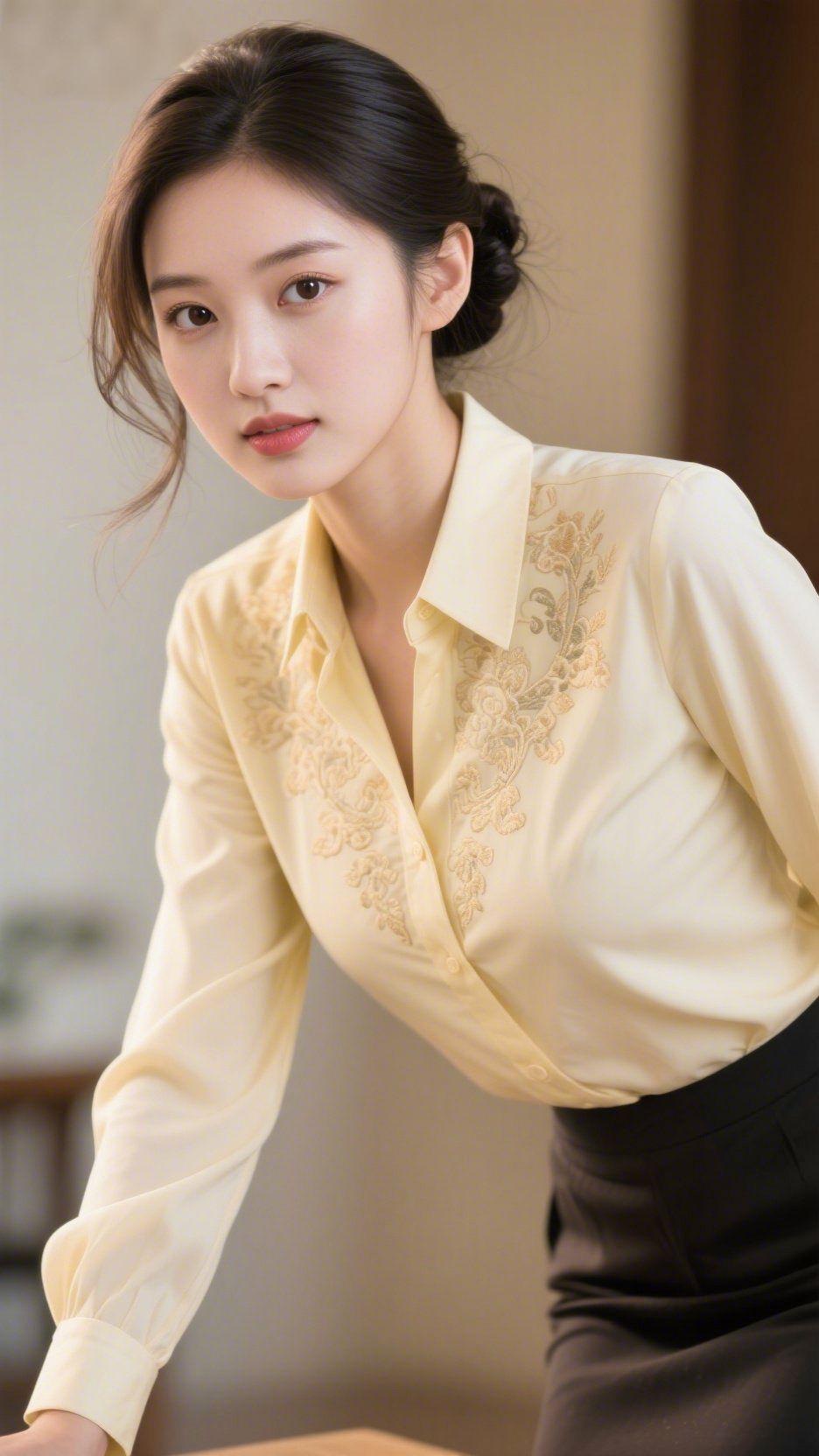 温柔自成风骨
 
浅杏色衬衫缀着清雅纹样，如晨光轻覆肩头，温润又妥帖。发丝轻绾，