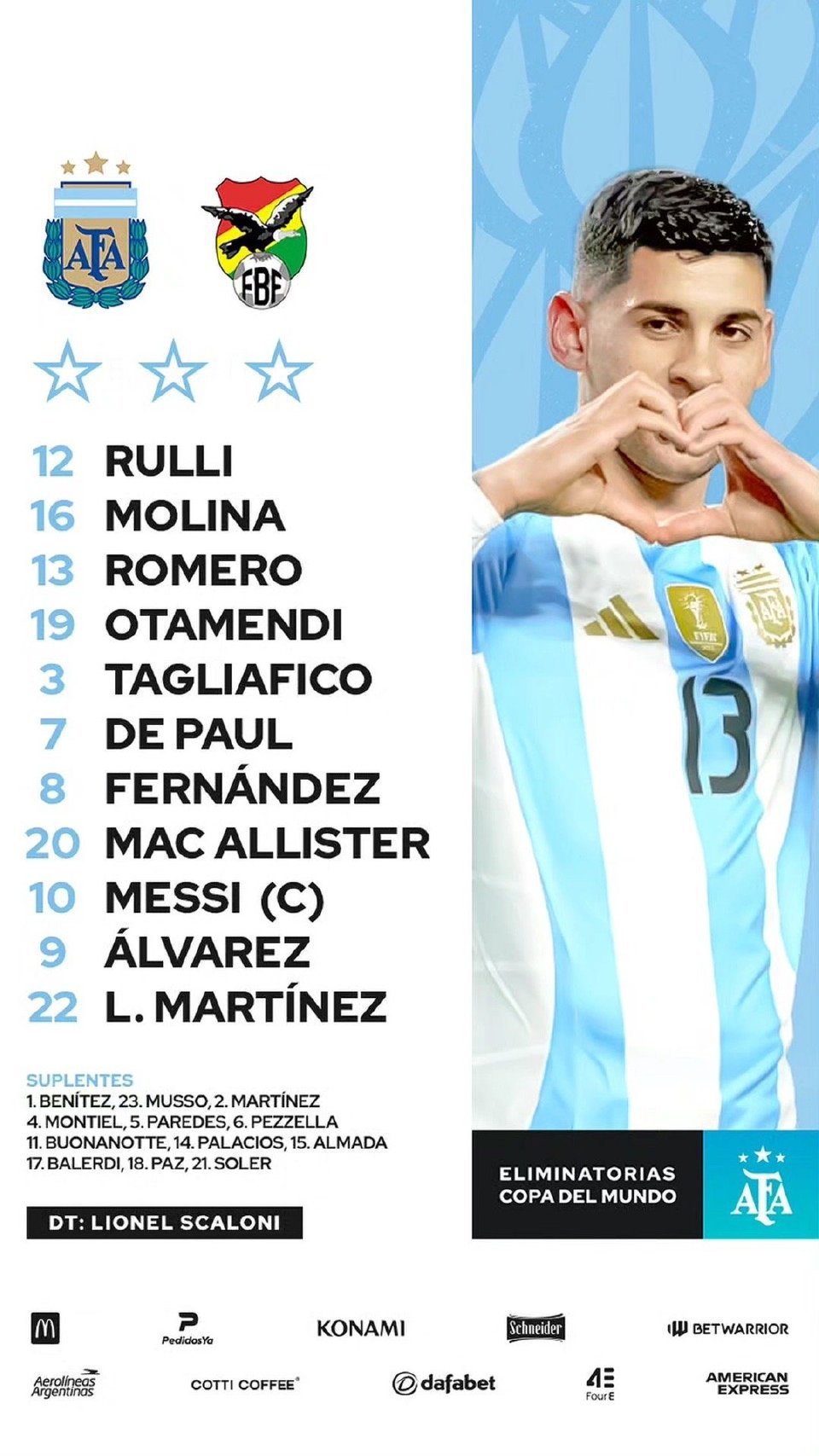 🇦🇷#阿根廷vs玻利维亚# 首发出炉🔥🧤门将：鲁利；⚔️后卫：莫利纳、罗