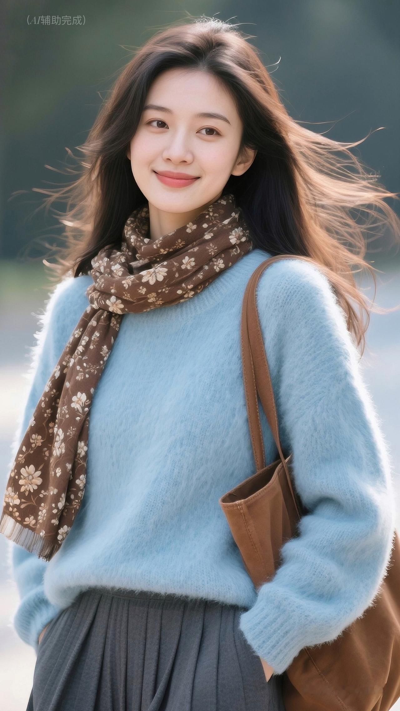 浅蓝毛绒衫裹温婉，灰百褶裙搭棕包添雅，棕碎花围巾绕颈韵浓。长发随风扬，笑靥甜似春