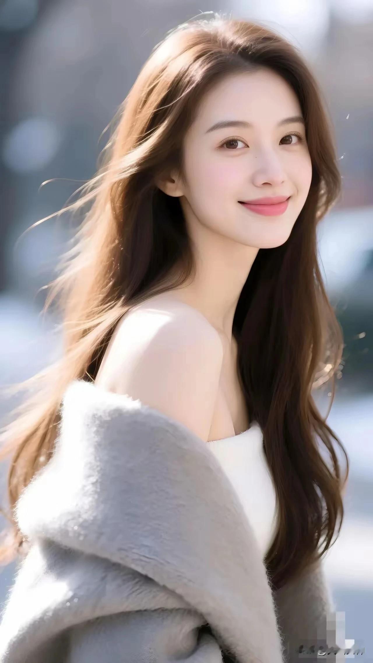 微微一笑百媚生，
恰似春风拂柳轻。
眉似春山寒远黛，
目若秋水映繁星。