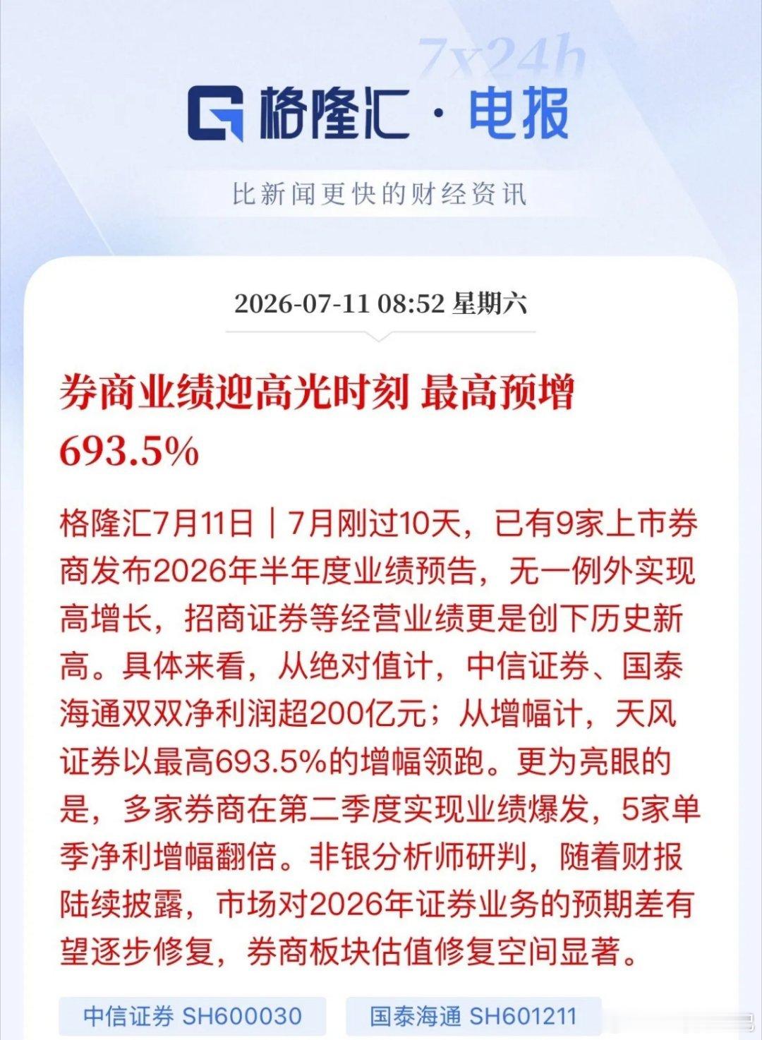 券商业绩迎高光时刻，最高预增近7倍！下周券商可以高看一眼了七月刚过十天，券商圈就