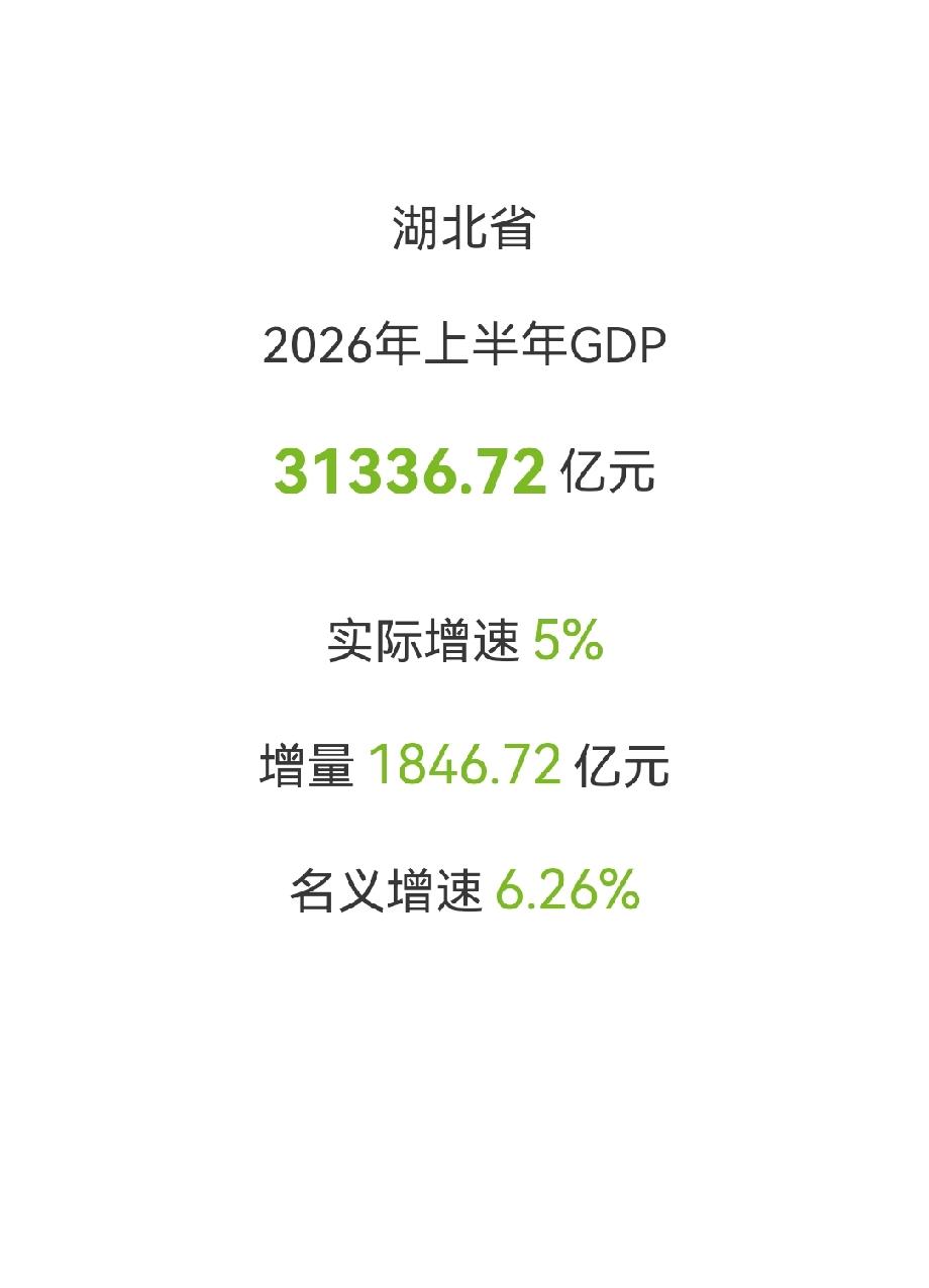 湖北省2026上半年GDP
 
GDP总量：31336.72 亿元
​
实际增速