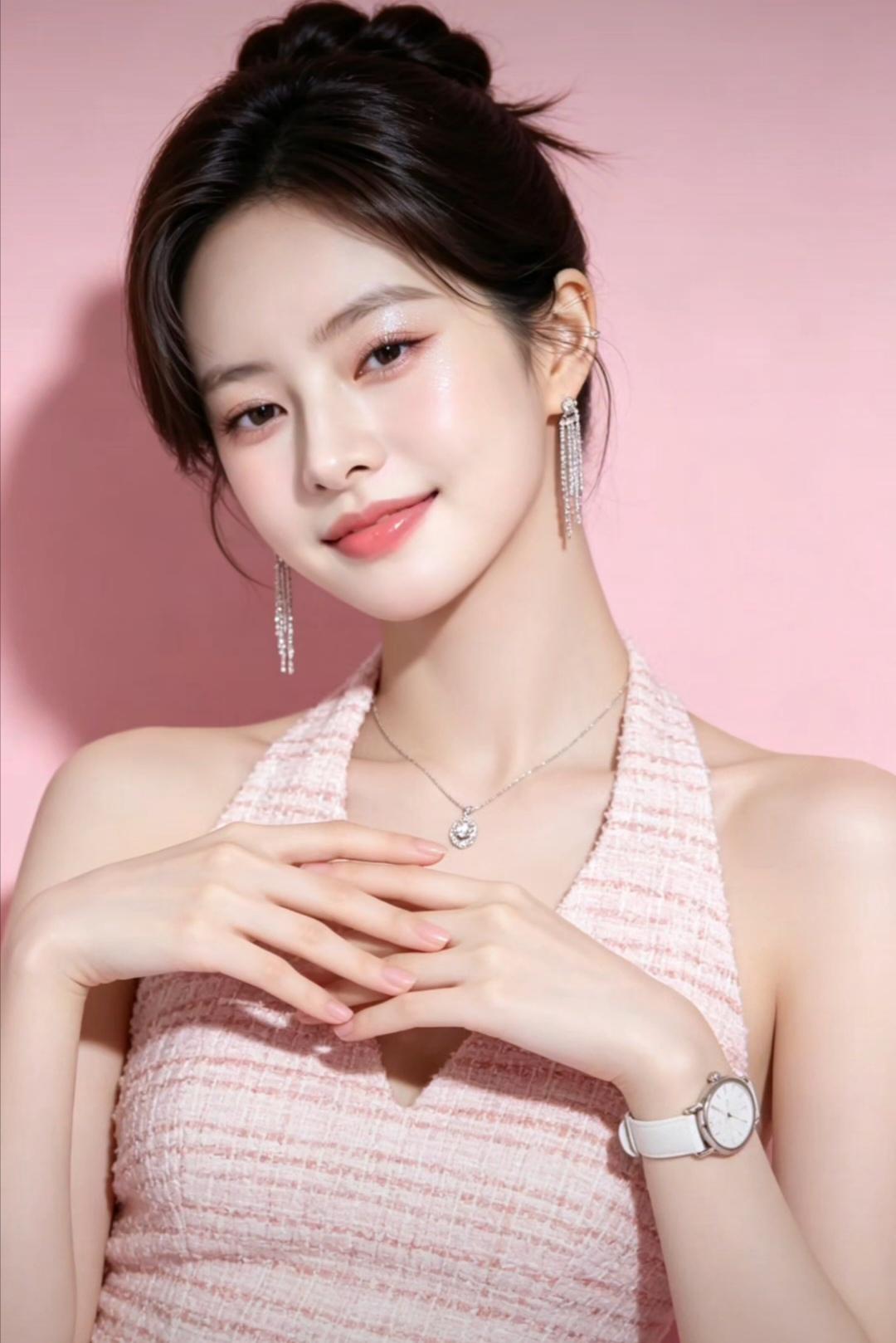 温柔甜美的粉色穿搭，闪耀耳环和精致项链点缀，少女心满满！💖✨