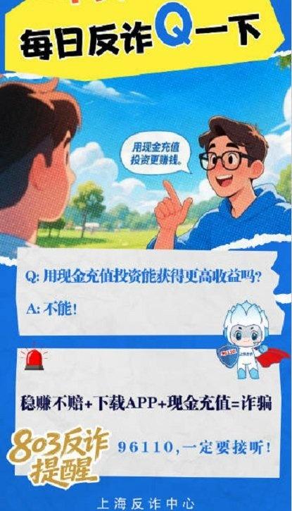 反诈提醒：稳赚不赔+下载APP+现金充值=诈骗via：刑警803上海