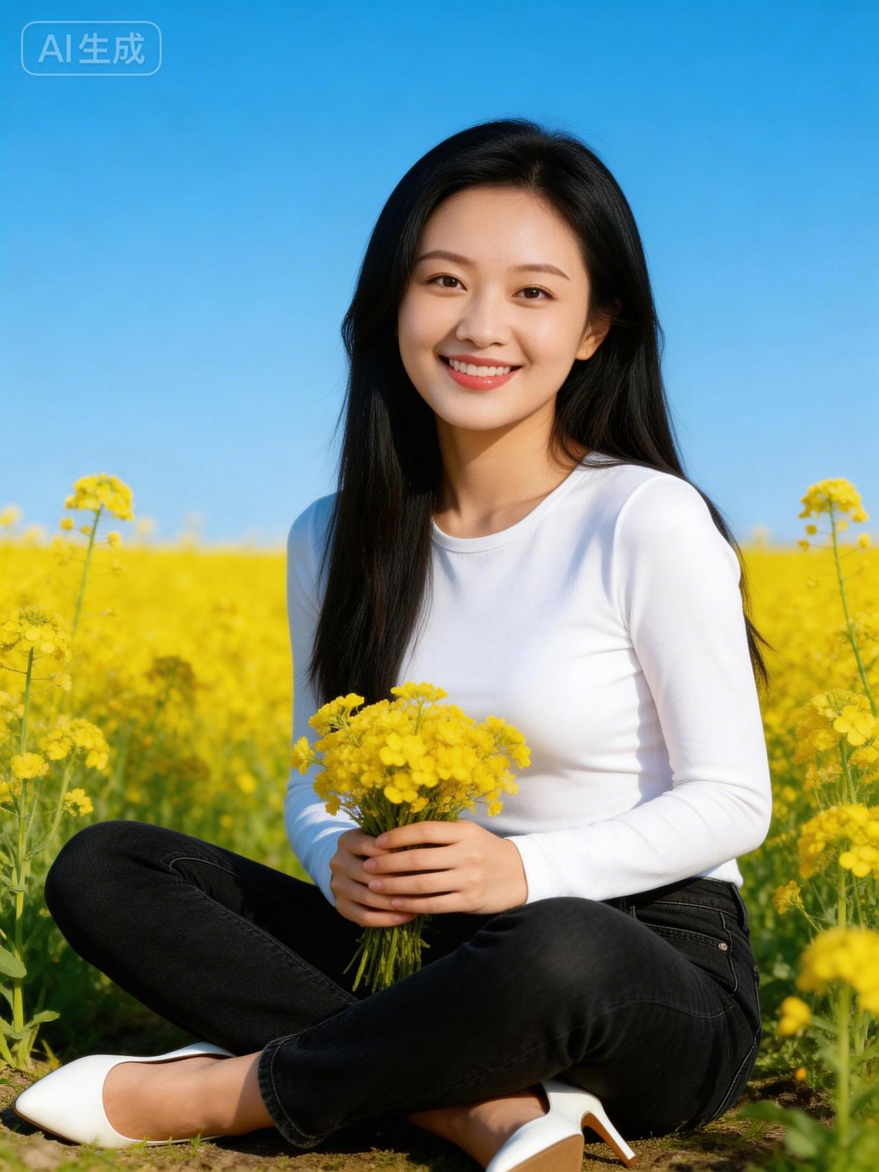 阳光明媚的田野中，笑容甜美的女孩手捧一束黄色小花，仿佛置身于童话世界。