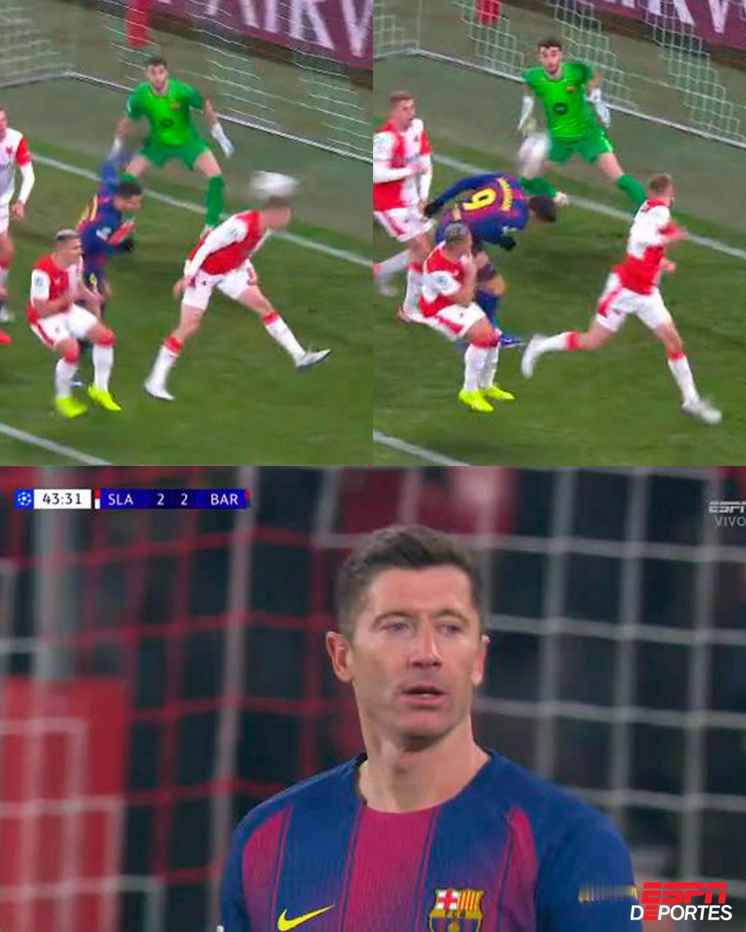 莱万多夫斯基职业生涯首次打入乌龙球。布拉格斯拉维亚vs巴萨欧冠联赛巴萨