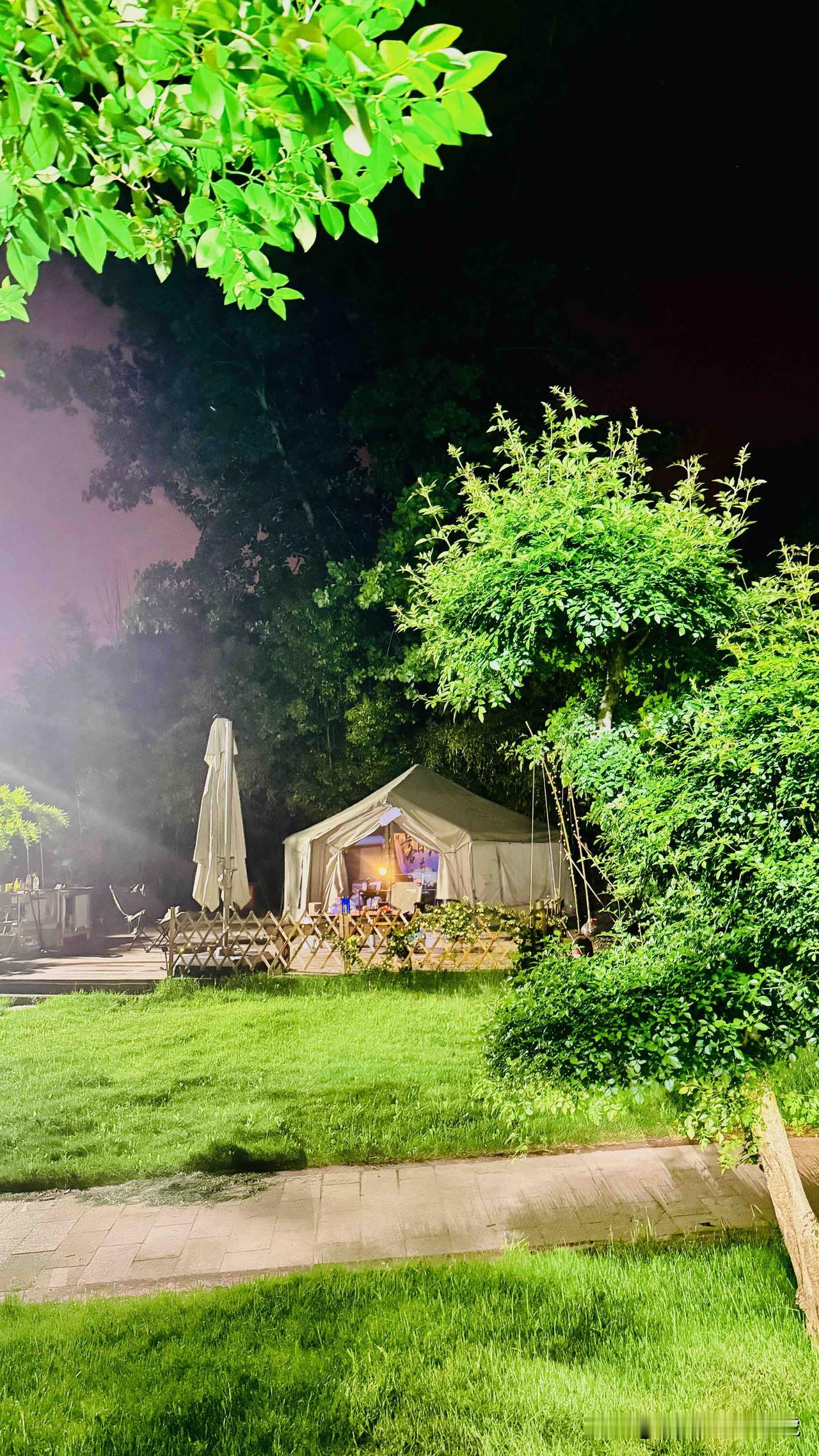 夜晚露营基地的灯光温柔洒落，照亮成片的花花草草，氛围感直接拉满。远离城市的喧嚣，