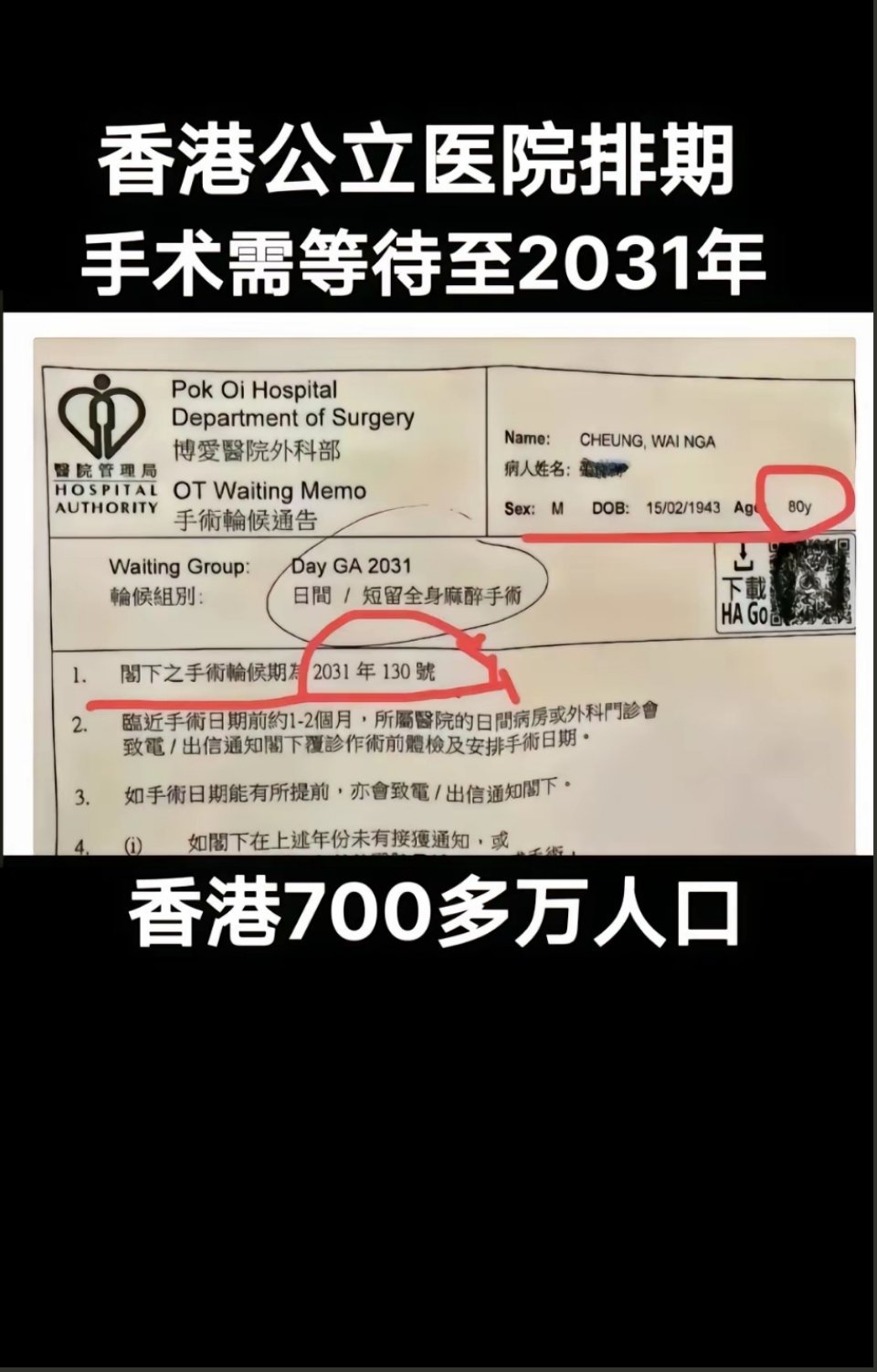 香港公立医院手术排期需等待到2031年。。。 ​​​
