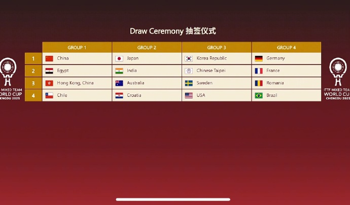 2025成都混合团体世界杯 第一阶段分组【Group 1】中国🇨🇳、埃及🇪