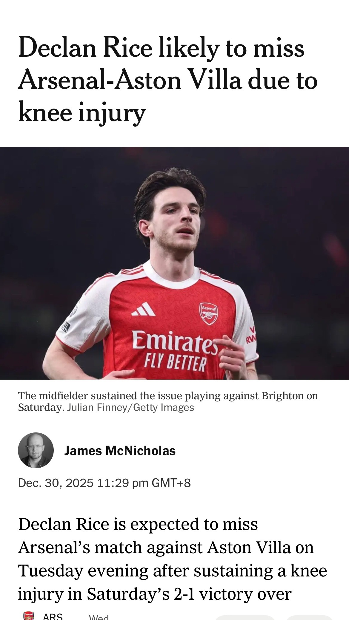 The Athletic James McNicholas独家：德克兰·赖斯因膝
