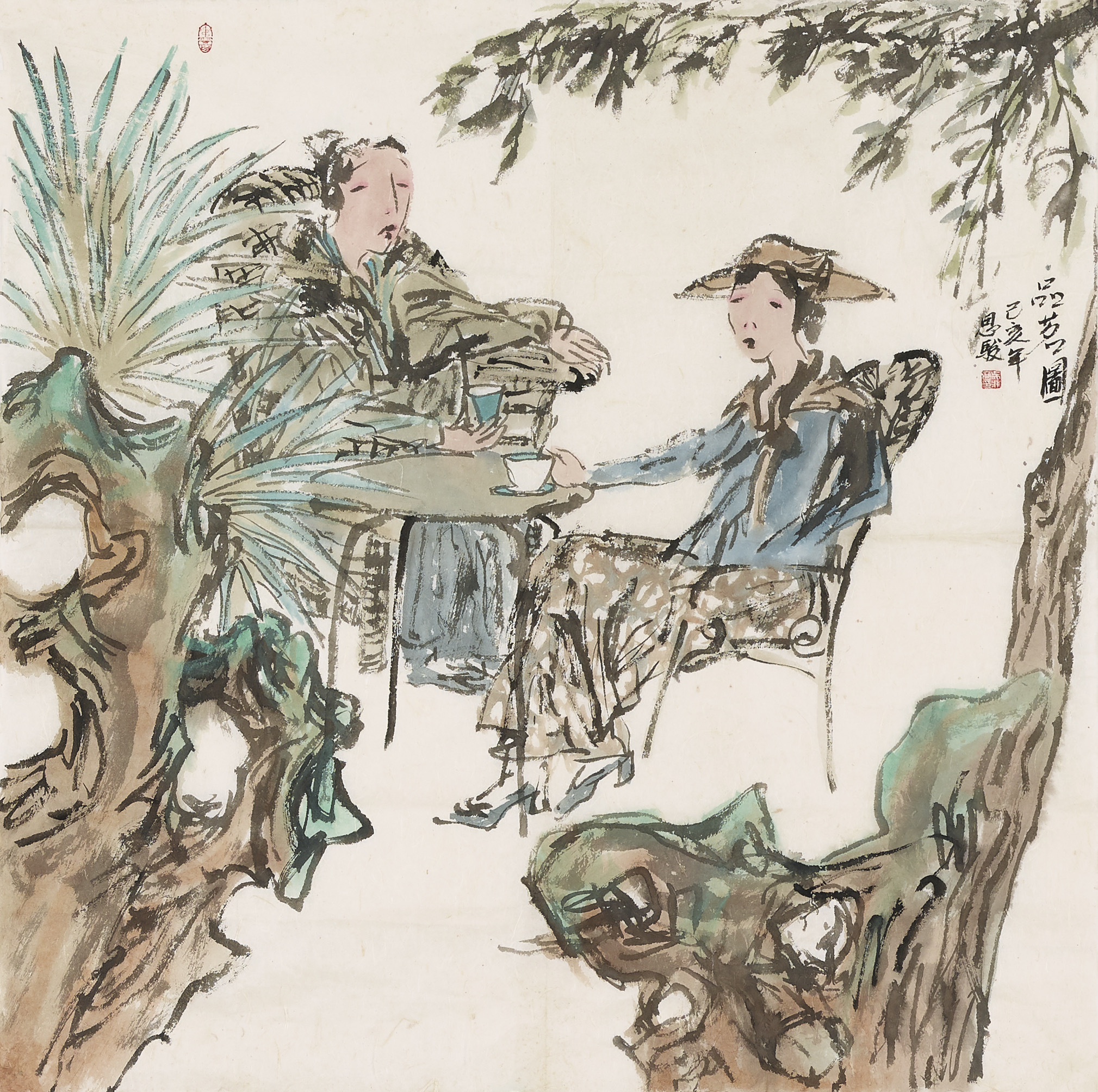 《对饮成诗，知己难求》“品茗图”的核心不仅在于茶，更在于“对饮”的人。画中两人神