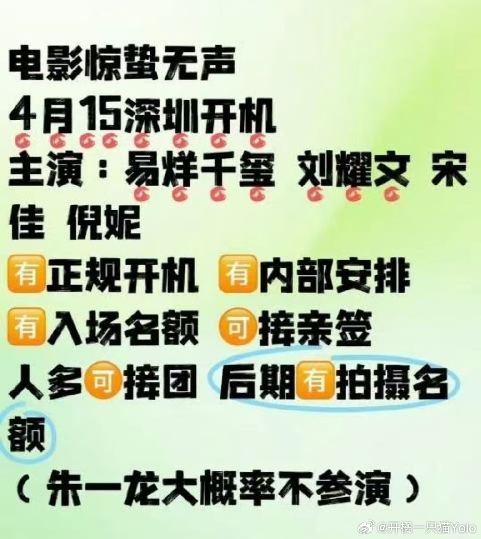 🍉:电影惊蛰无声，易烊千玺、刘耀文、宋佳、倪妮，4月15日深圳开机，朱一龙大概